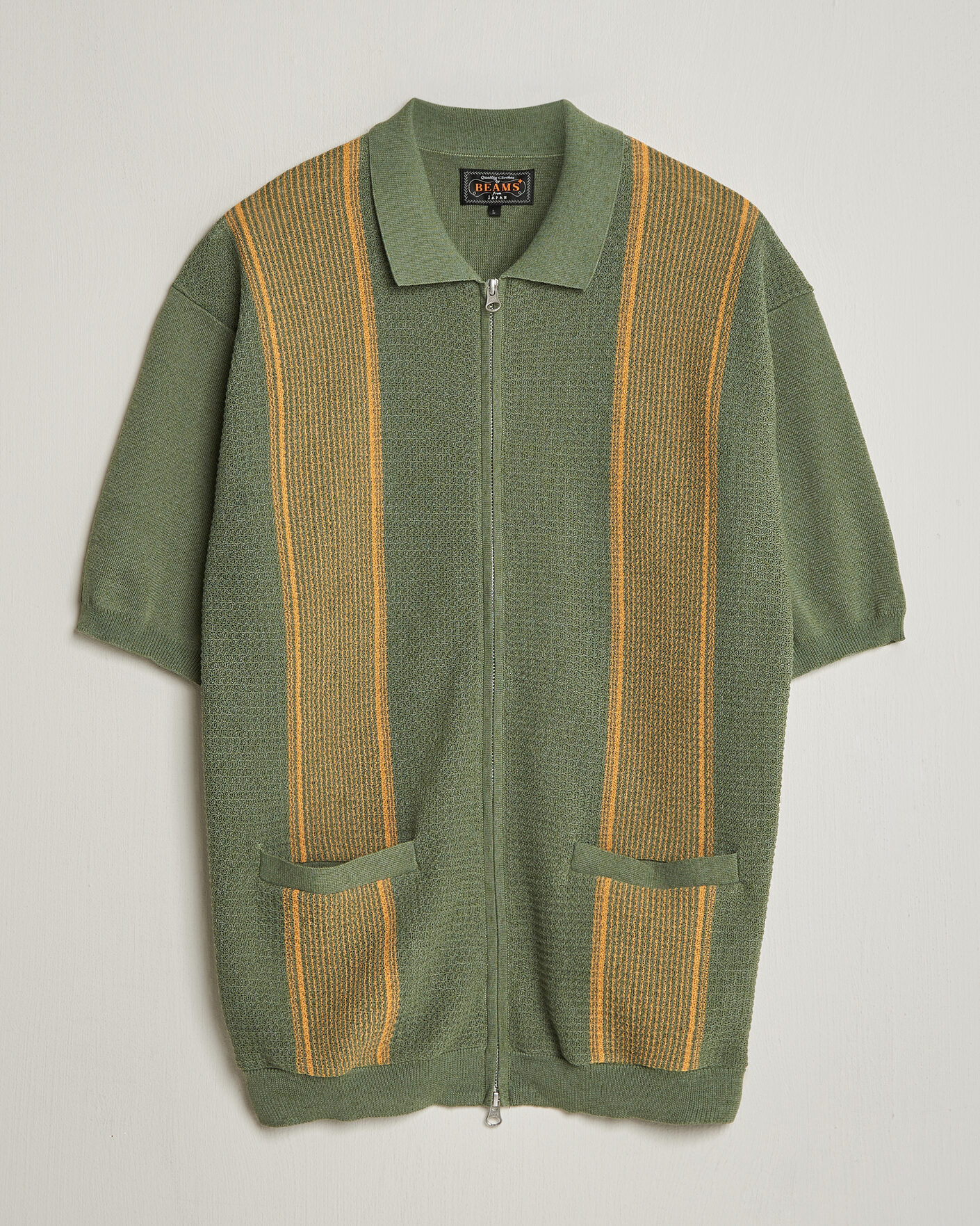 BEAMS PLUS Zip Knit Striped Polo Olive at CareOfCarl.com
