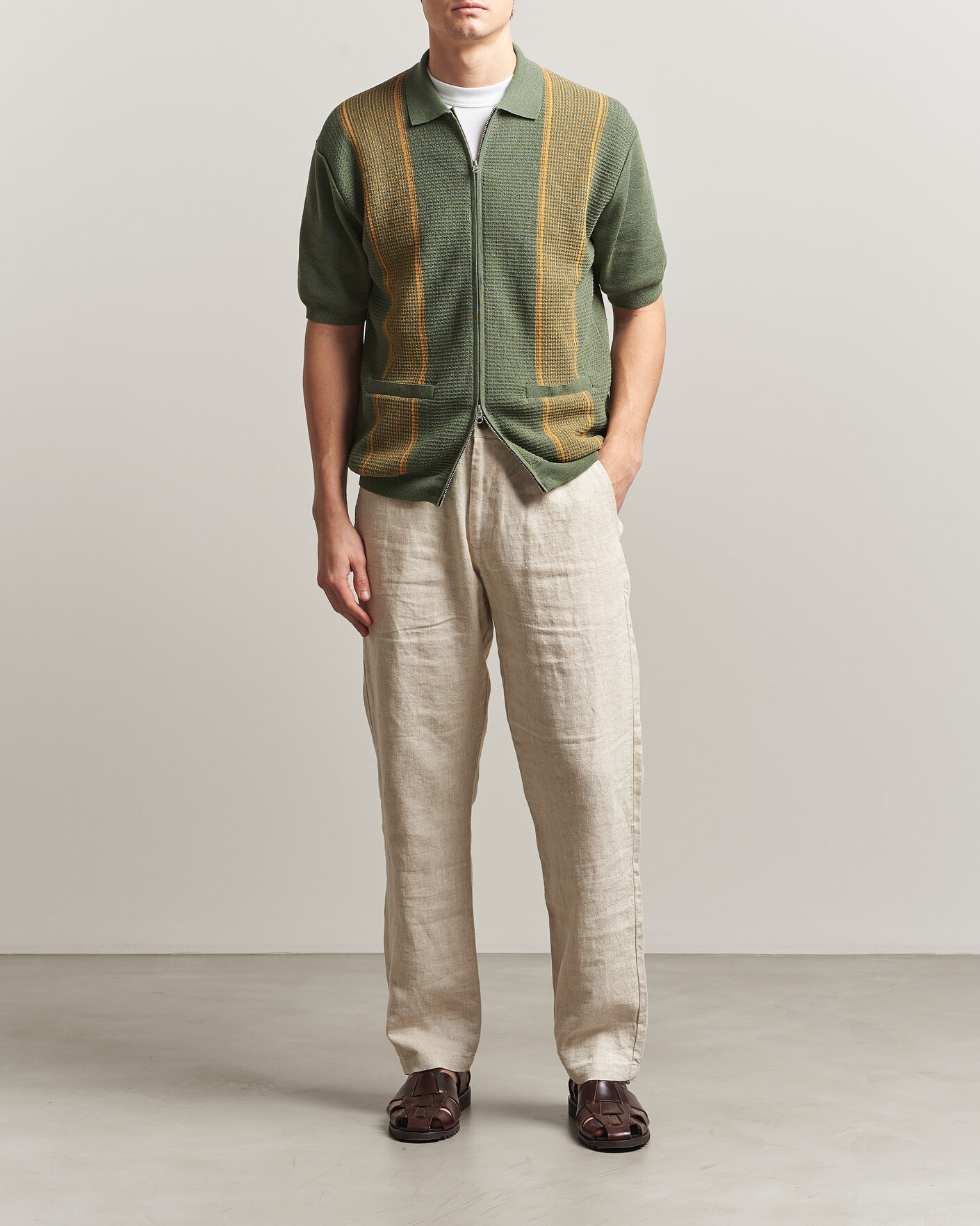 BEAMS PLUS Zip Knit Striped Polo Olive at CareOfCarl.com