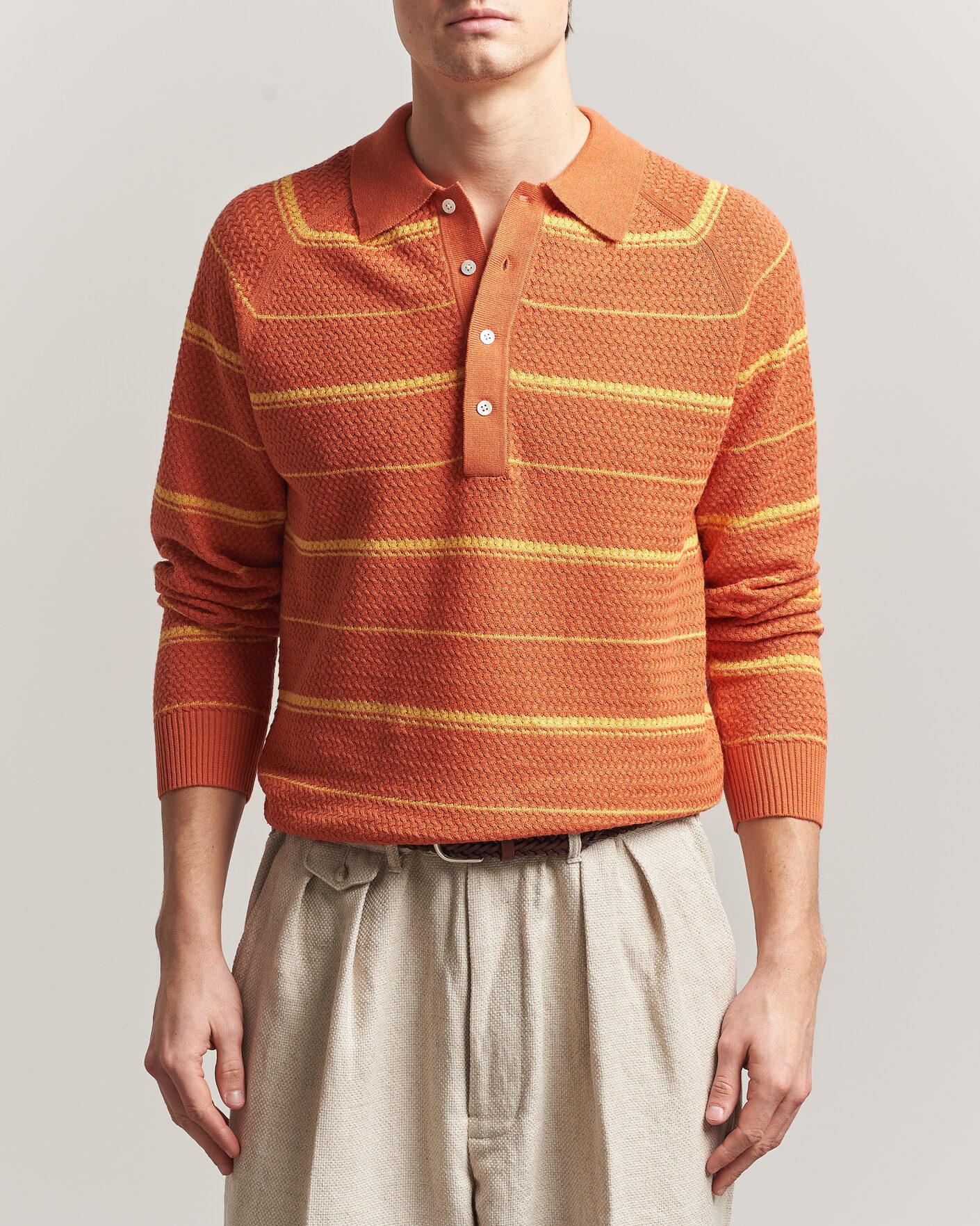 Men | Polo Shirts | BEAMS PLUS | Long Sleeve Knit Polo Orange Stripe
