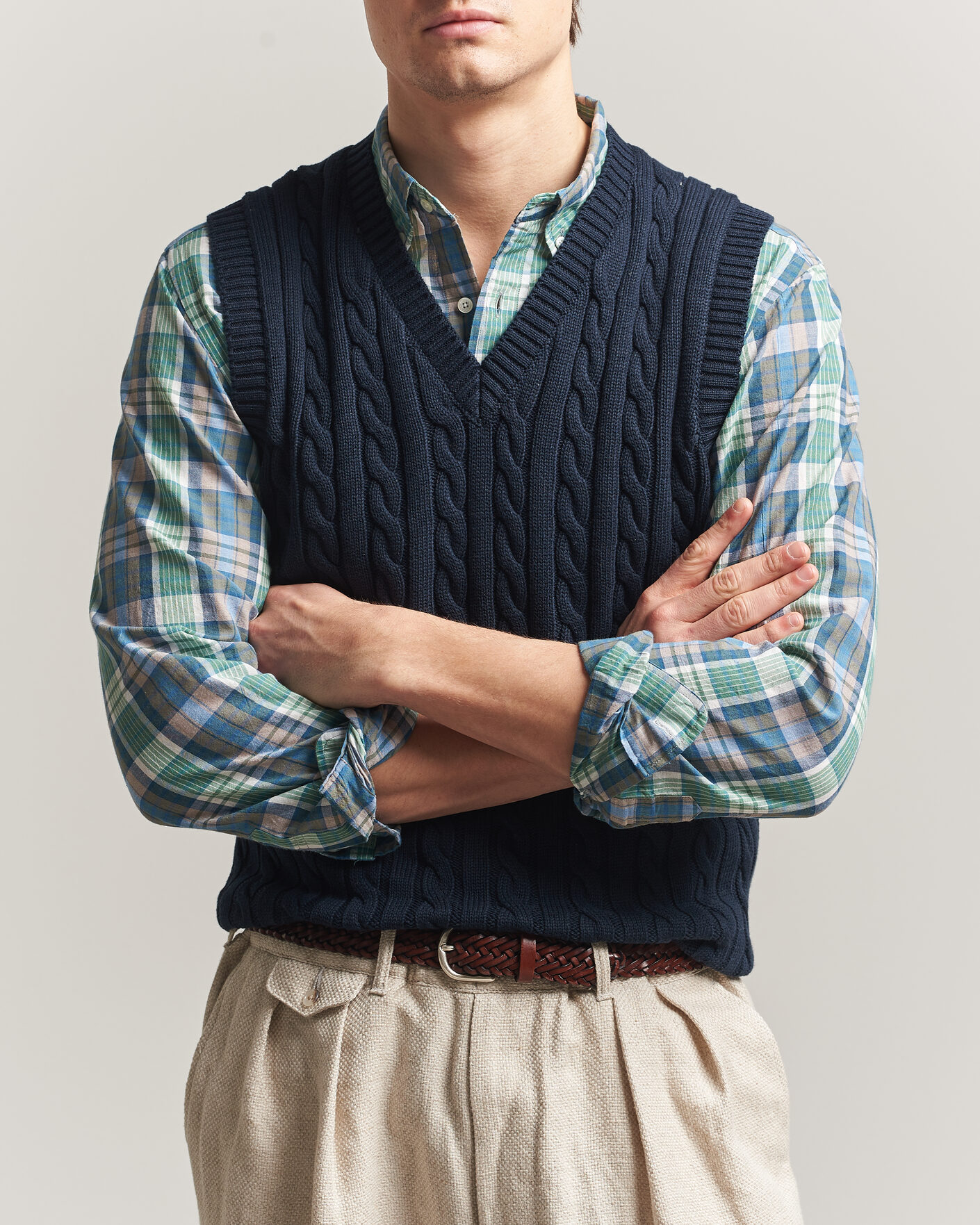 BEAMS PLUS Cable Knit Vest Navy at CareOfCarl.com