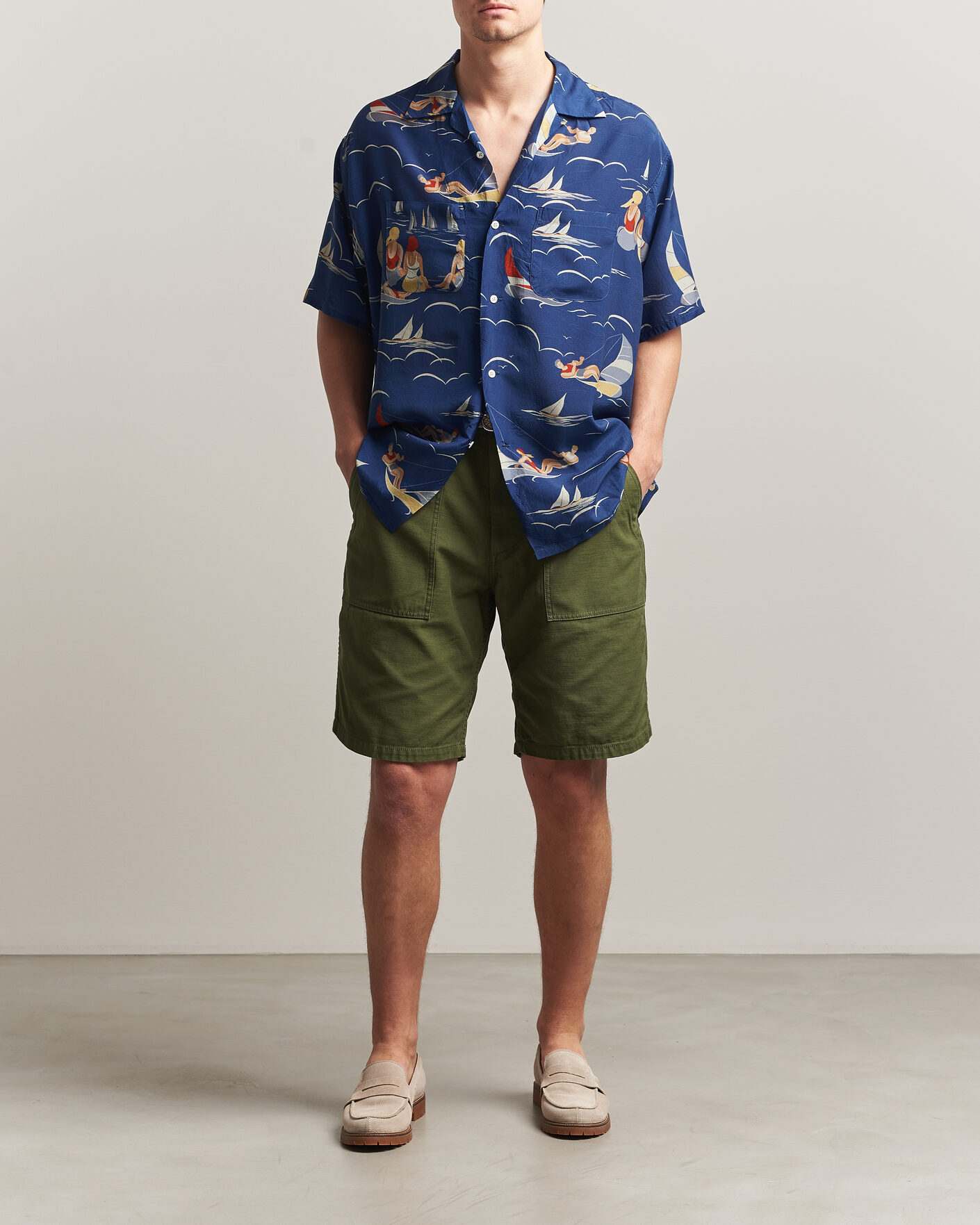 BEAMS PLUS MIL Utility Sateen Shorts Olive at CareOfCarl.com