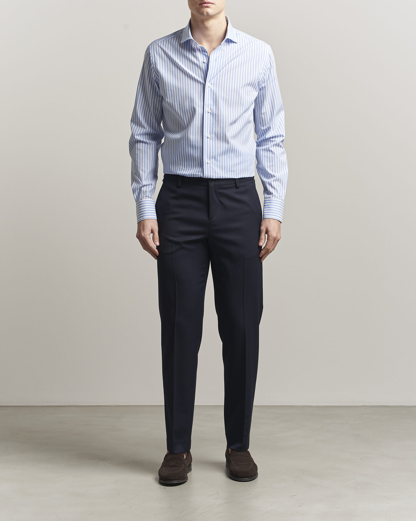 Men | Shirts | Grigio | Cotton Poplin Dress Shirt Light Blue Stripe