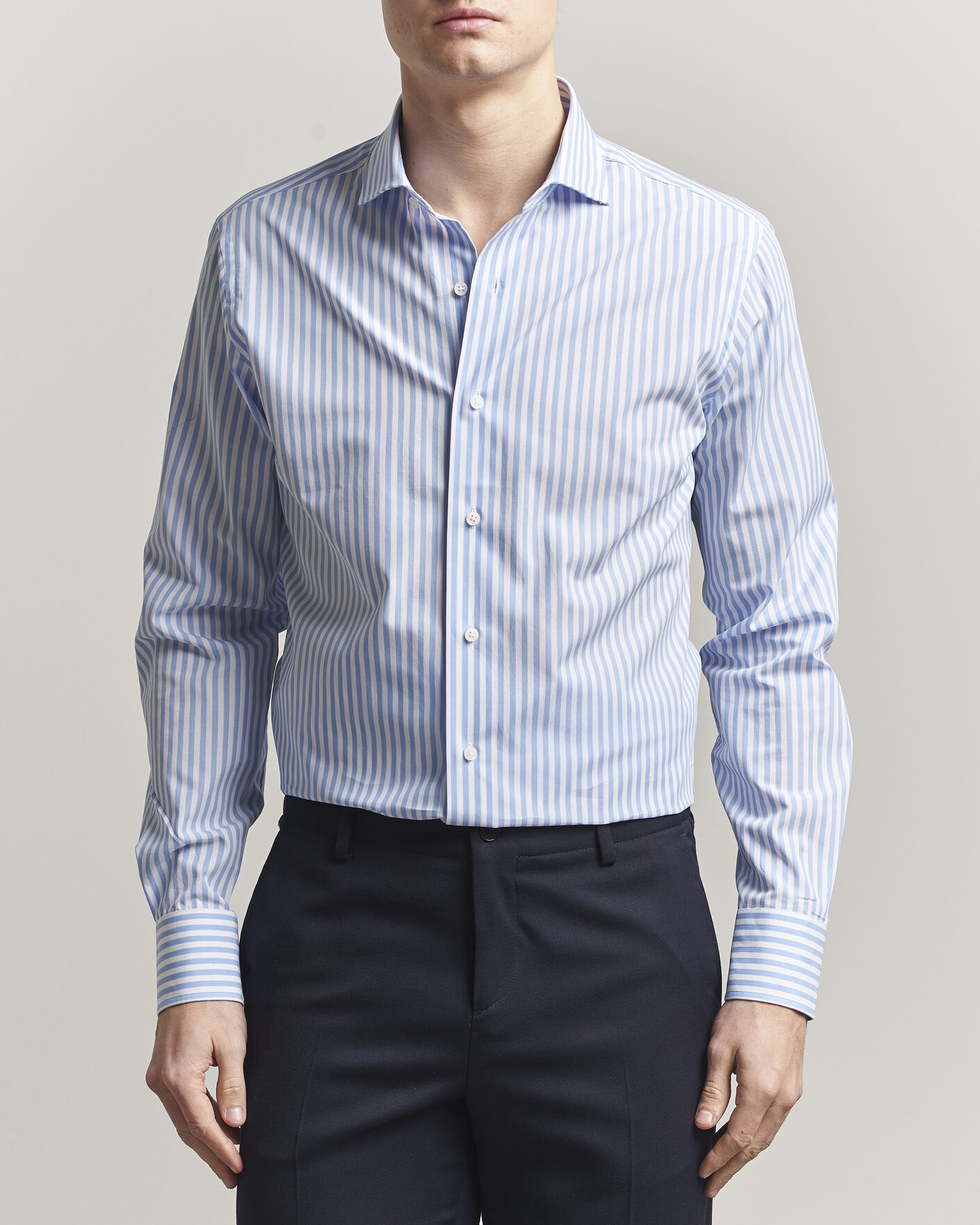 Men | Shirts | Grigio | Cotton Poplin Dress Shirt Light Blue Stripe