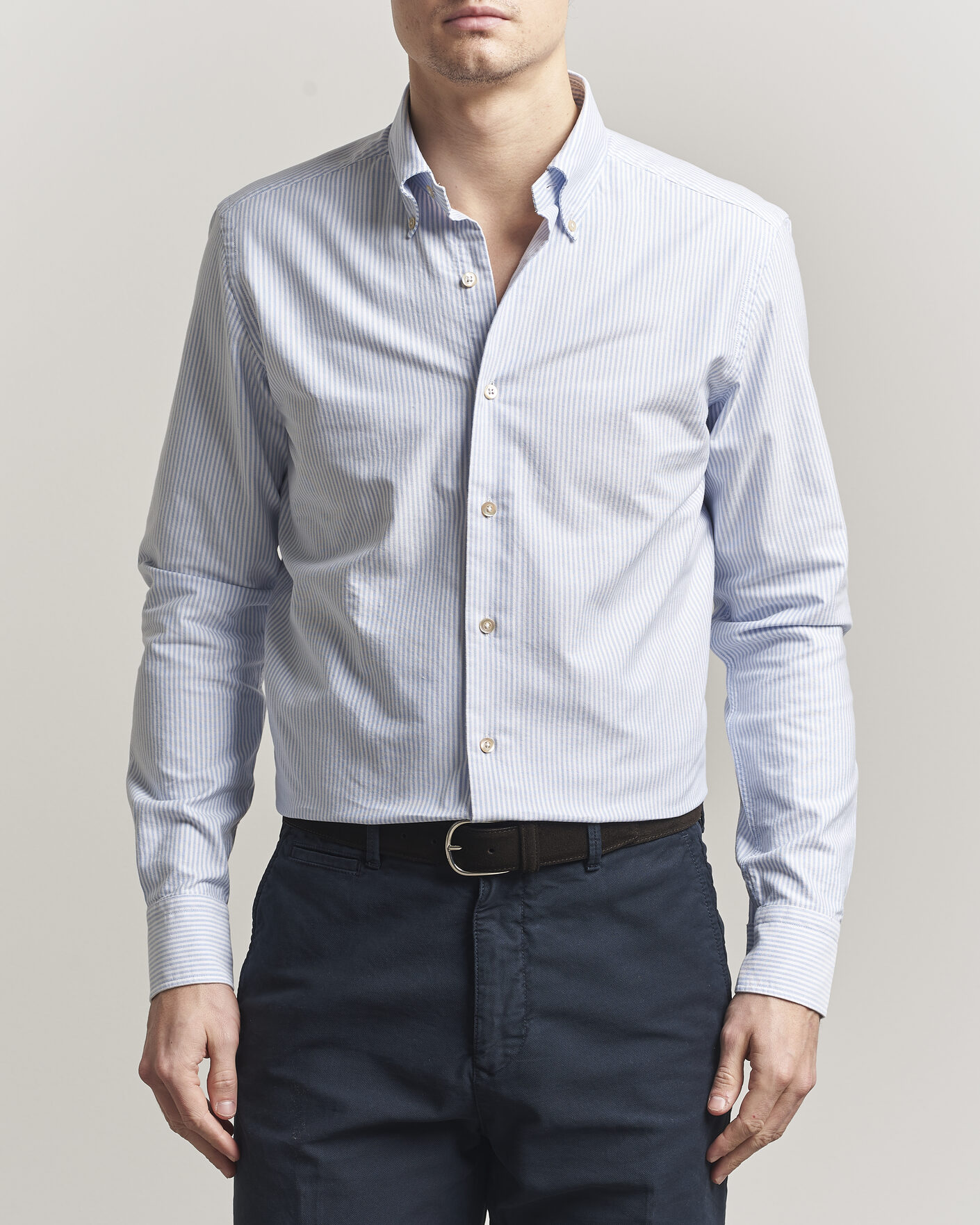 Men | Shirts | Grigio | Oxford Button Down Shirt Light Blue Stripe