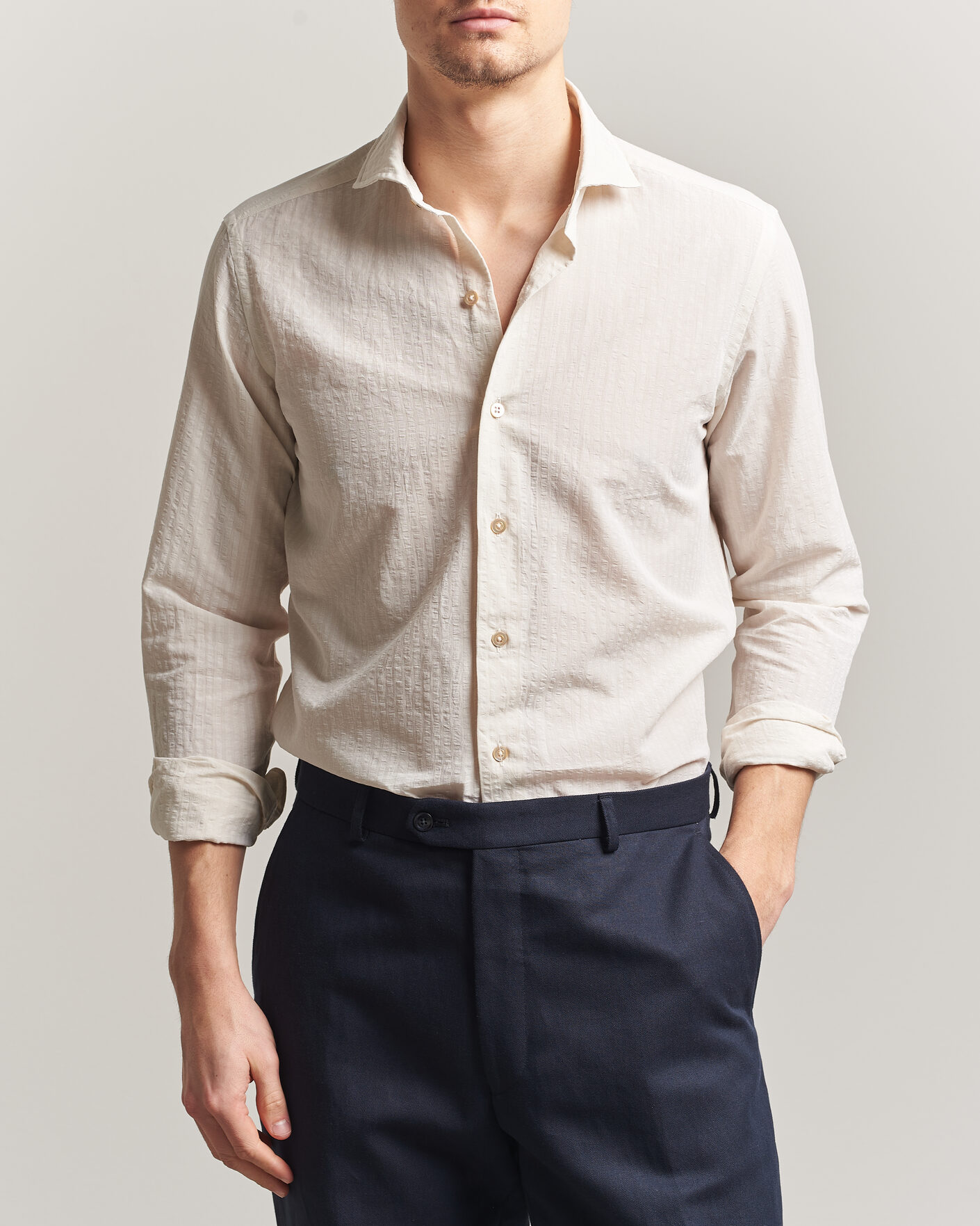 Men | Shirts | Grigio | Cotton/Linen Seersucker Shirt Off White