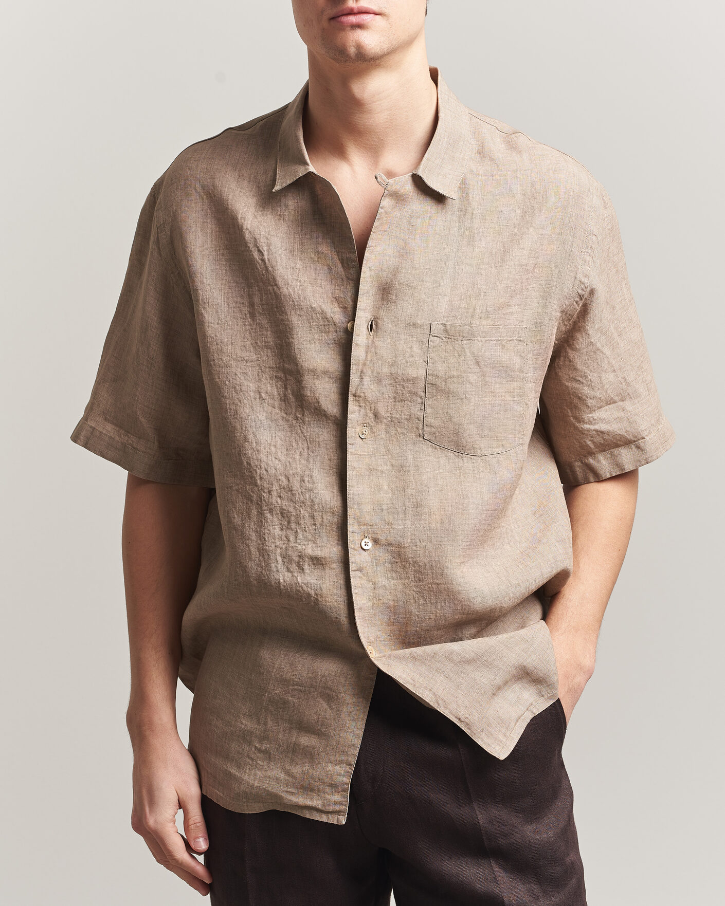 Men | Shirts | Grigio | Linen Camp Collar Shirt Brown
