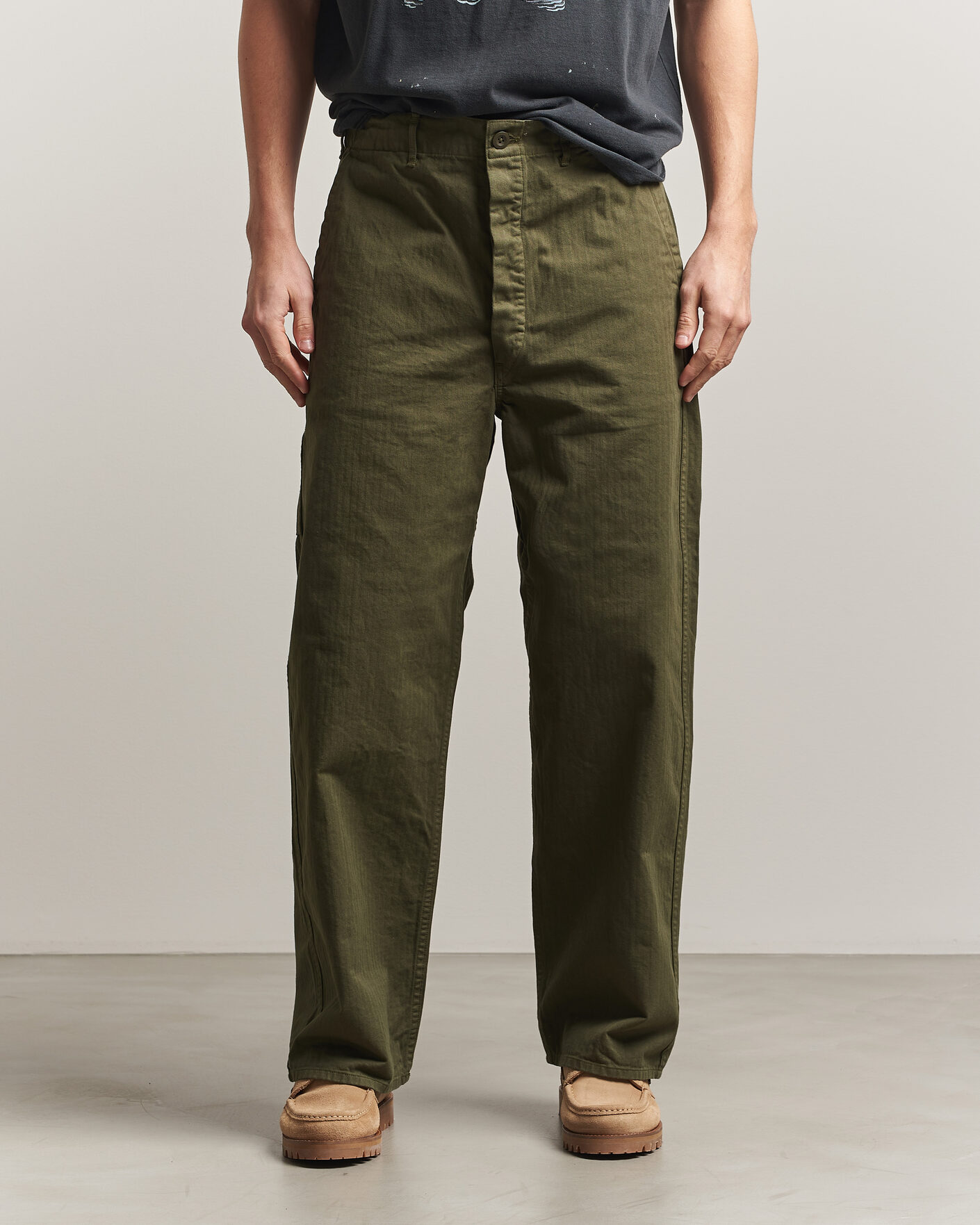 Men | Trousers | orSlow | Wide Fit French Work Pants Army Green