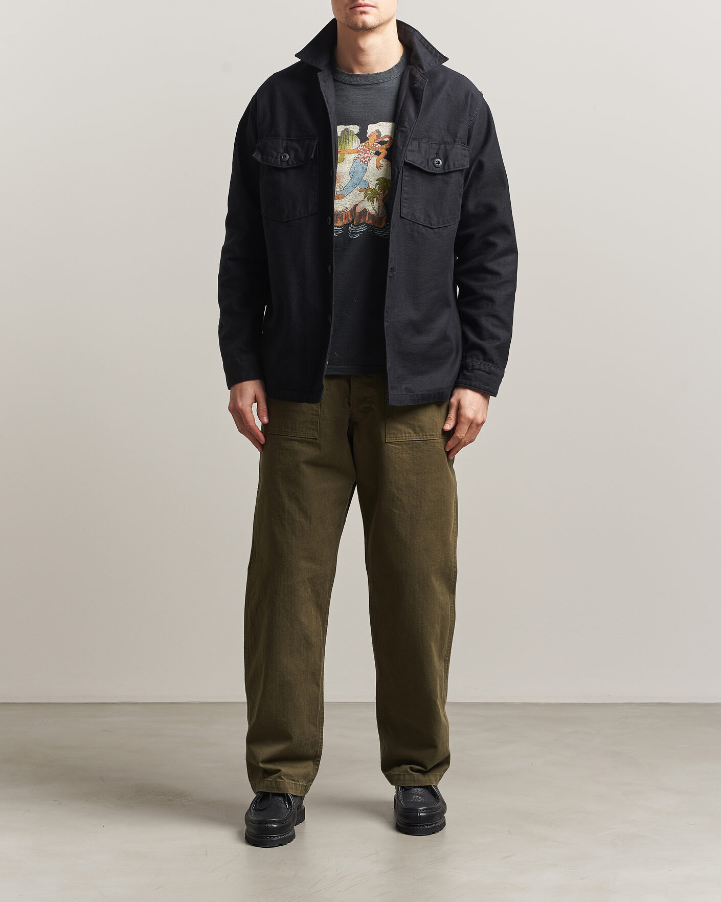Men | Shirts | orSlow | Cotton Sateen US Army Overshirt Black