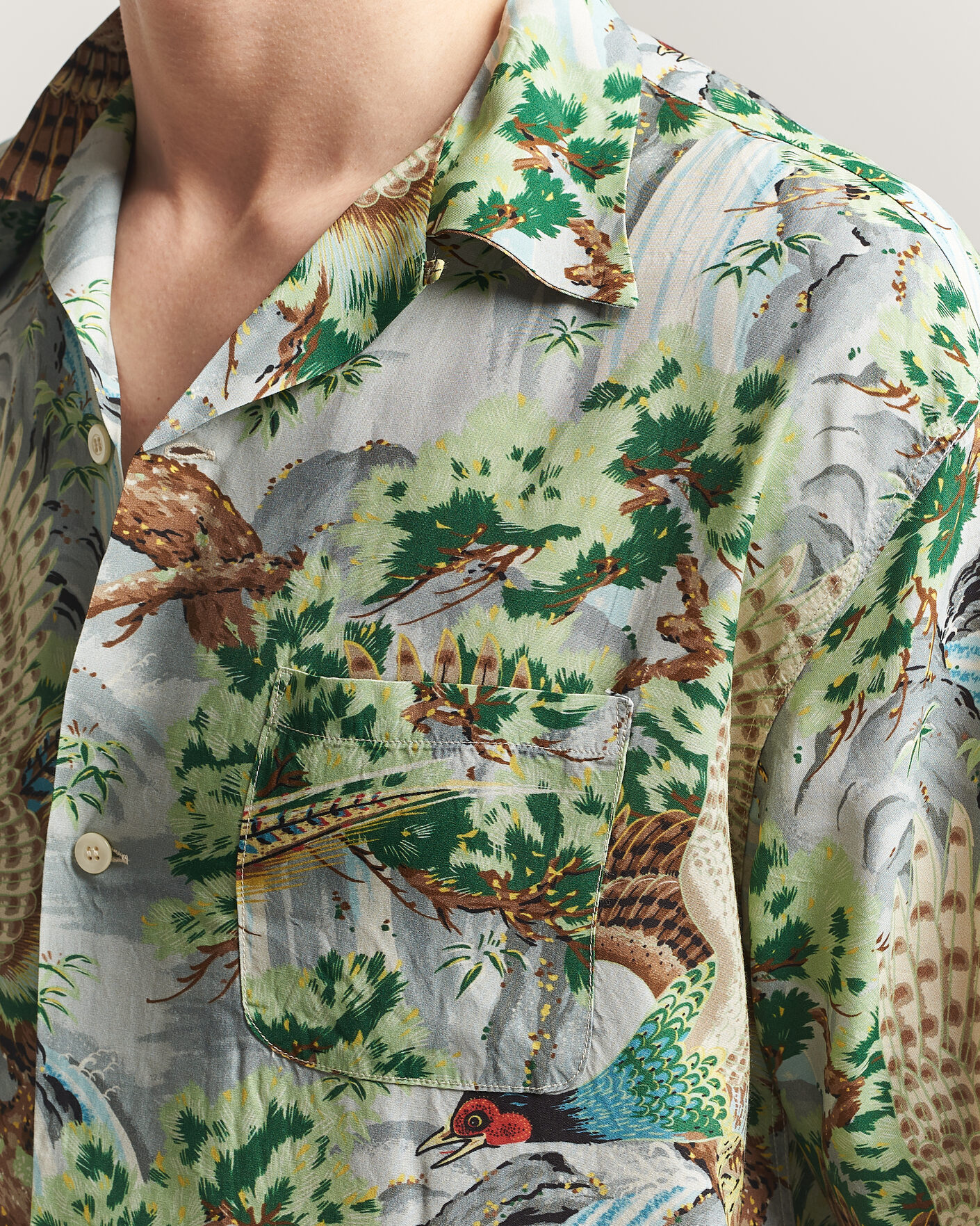 Men | Shirts | orSlow | Peacock Garden Hawaiian Shirt Green