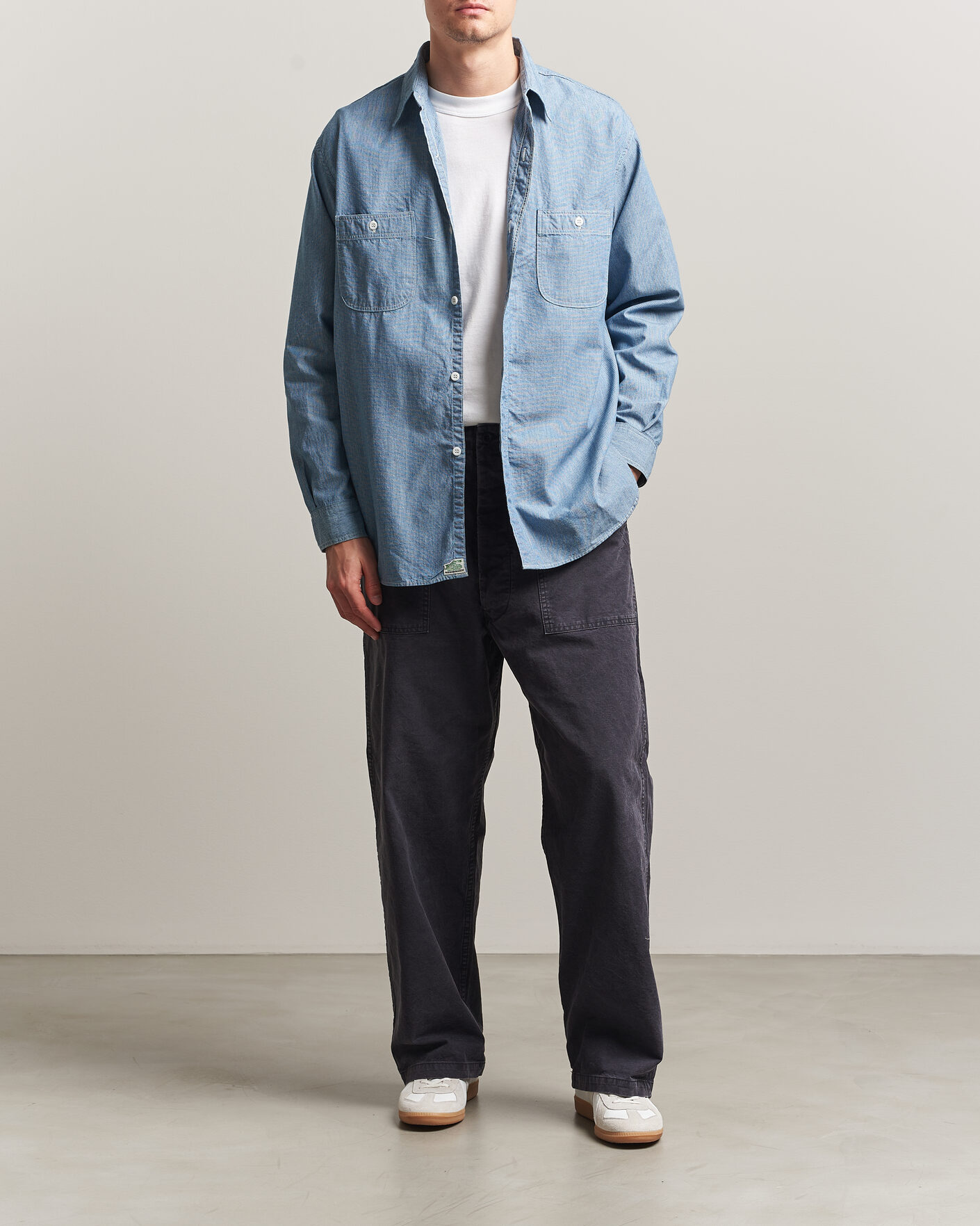 Men | Shirts | orSlow | Relax Fit Chambray Work Shirt Hickory Stirpe