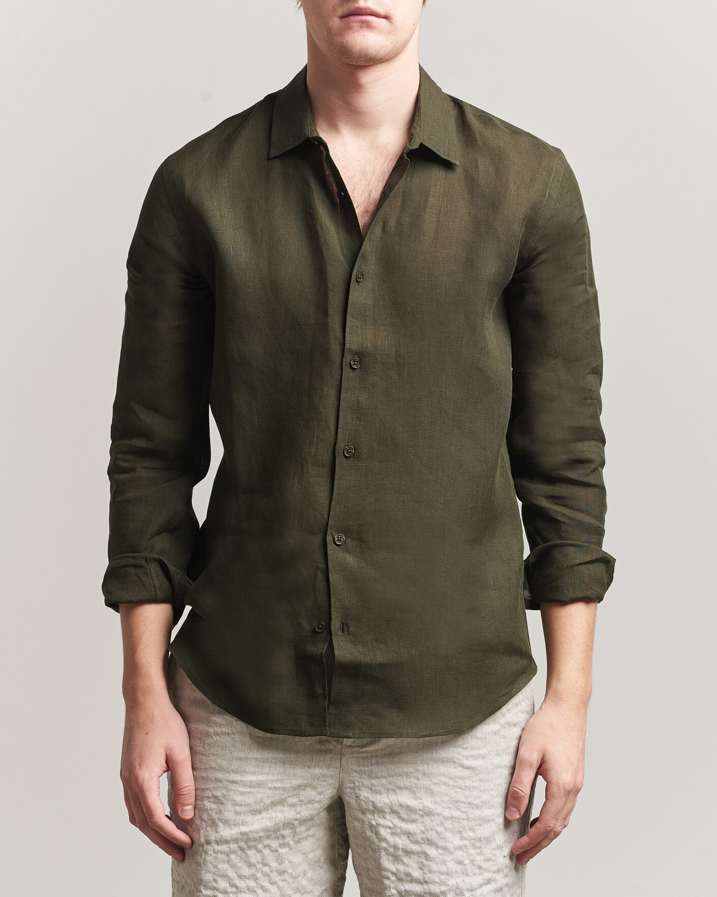 Men | Shirts | Orlebar Brown | Giles Linen Stiched Shirt Bayleaf Green