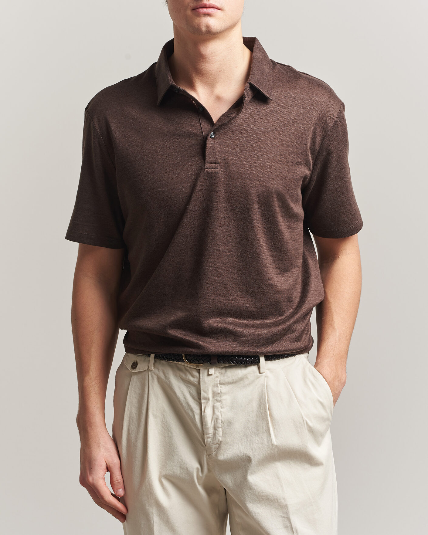 Men | Polo Shirts | Charles Tyrwhitt | Short Sleeve Linen Polo Chocolate Brown