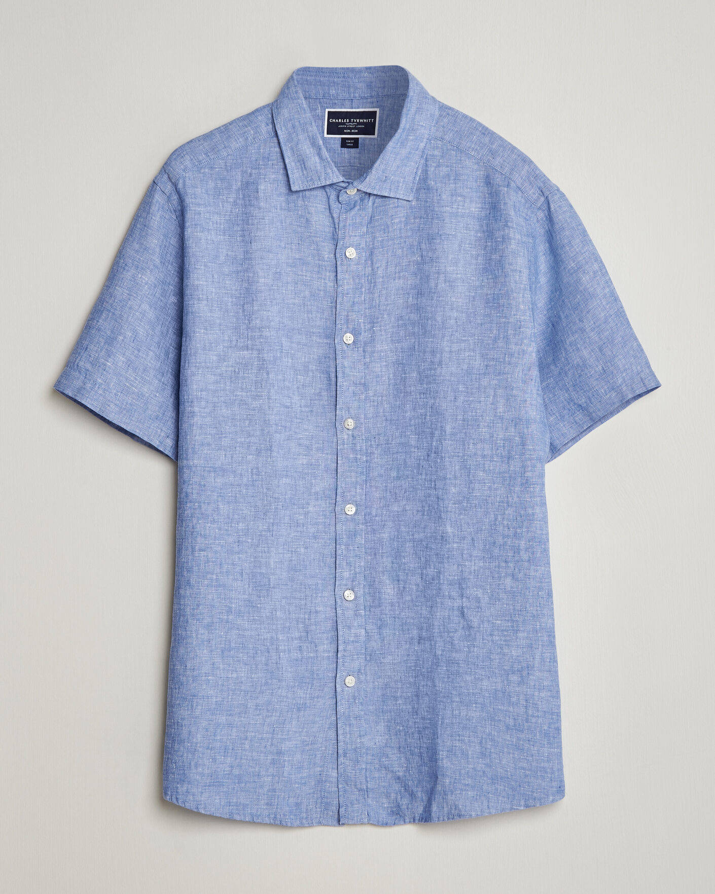 Men | Shirts | Charles Tyrwhitt | Pure Linen Short Sleeve Slim Fit Shirt Cornflower Blue