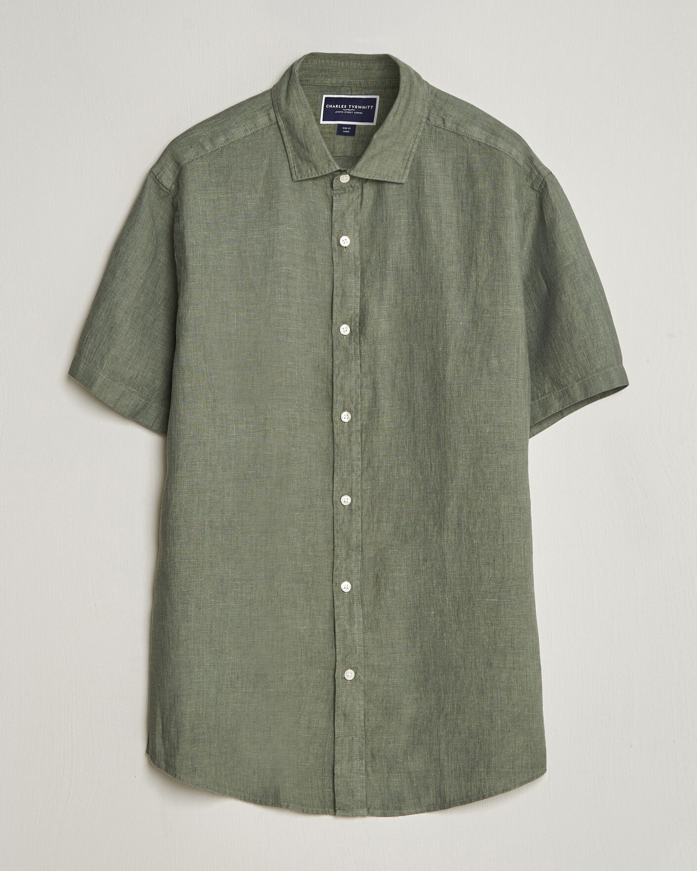 Men | Shirts | Charles Tyrwhitt | Pure Linen Short Sleeve Slim Fit Shirt Olive