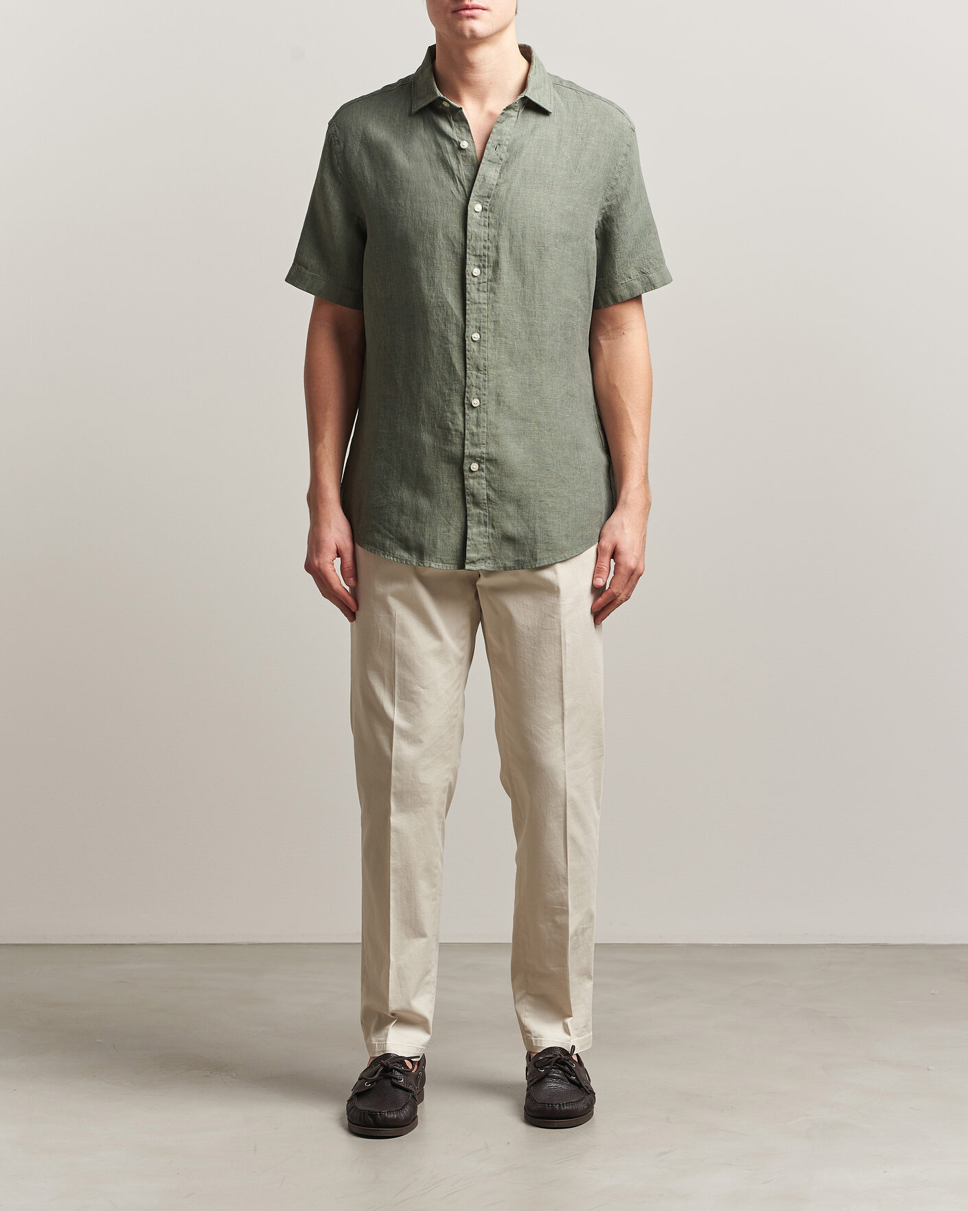 Men | Shirts | Charles Tyrwhitt | Pure Linen Short Sleeve Slim Fit Shirt Olive