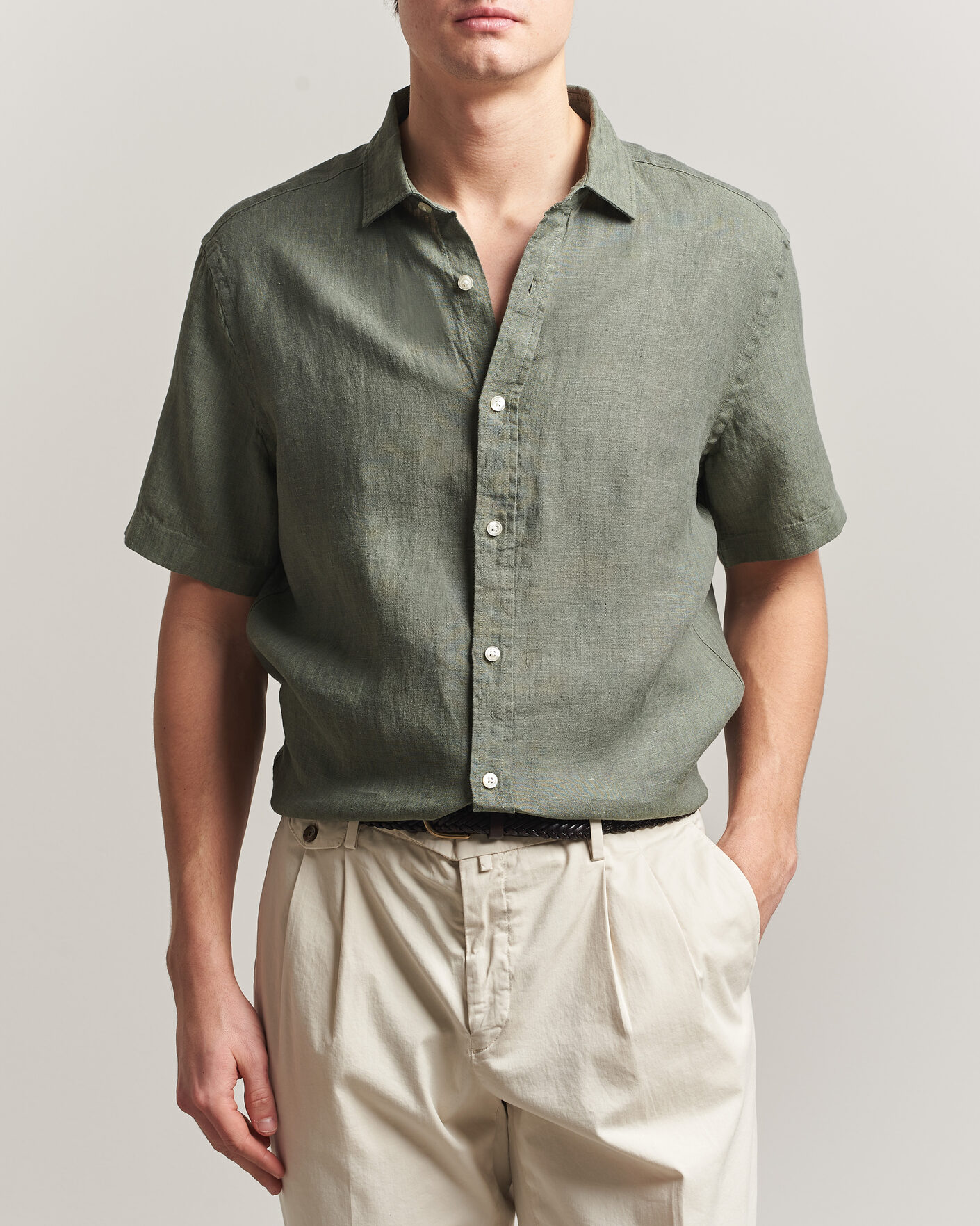 Men | Shirts | Charles Tyrwhitt | Pure Linen Short Sleeve Slim Fit Shirt Olive