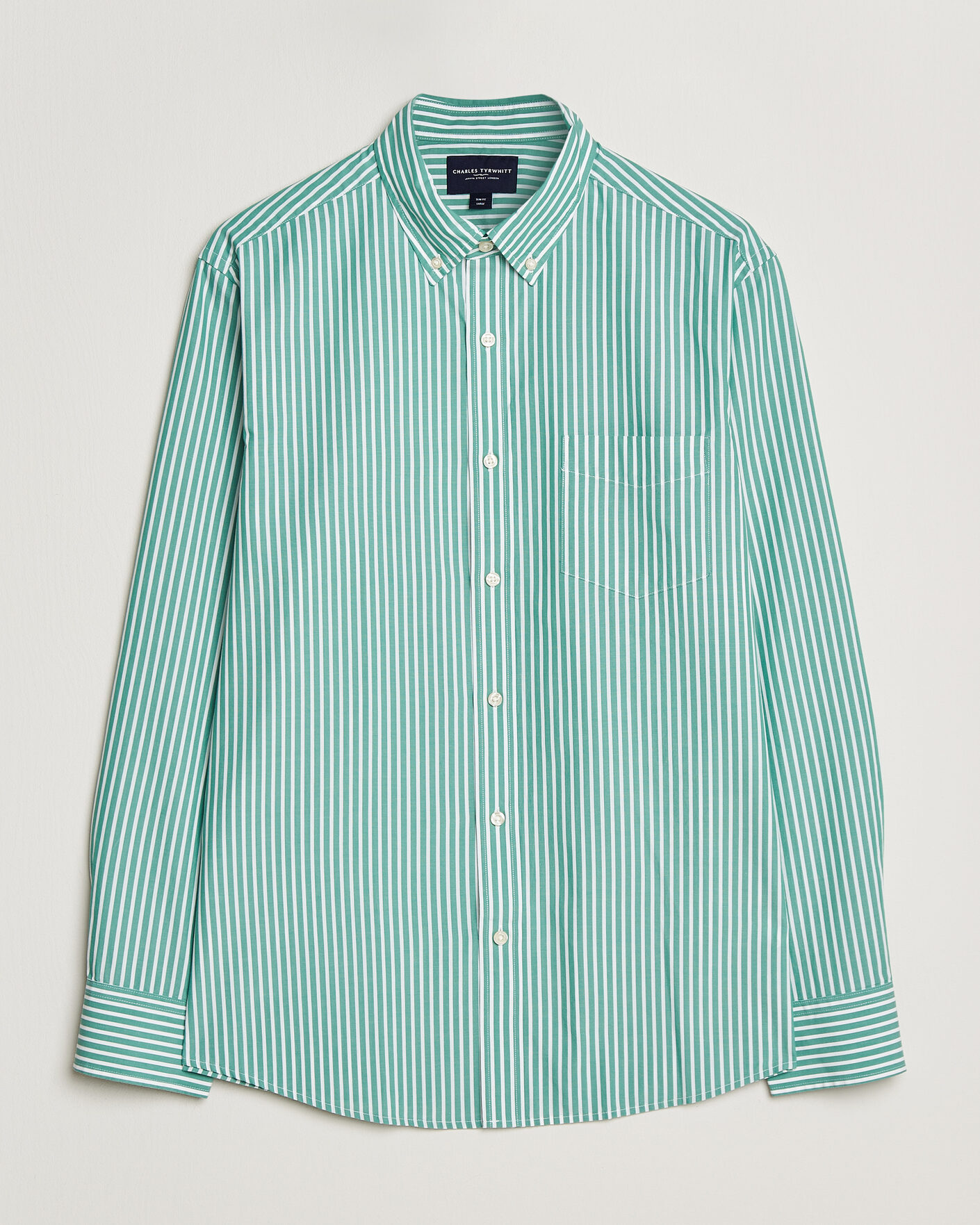 Men | Shirts | Charles Tyrwhitt | Button Down Stretch Poplin Shirt Green Stripe