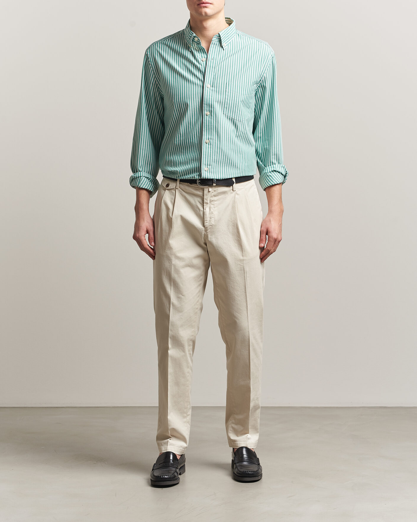 Men | Shirts | Charles Tyrwhitt | Button Down Stretch Poplin Shirt Green Stripe