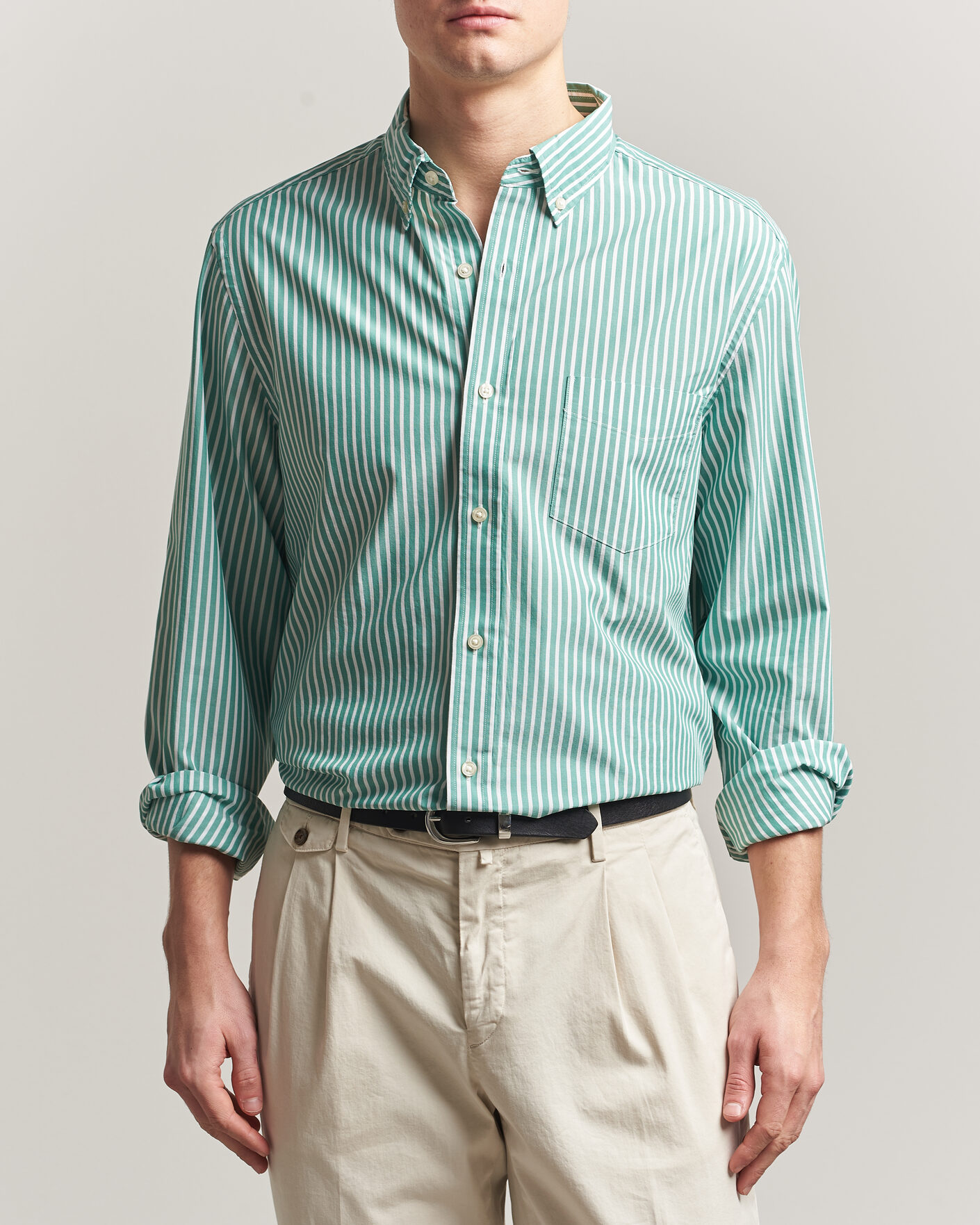 Men | Shirts | Charles Tyrwhitt | Button Down Stretch Poplin Shirt Green Stripe