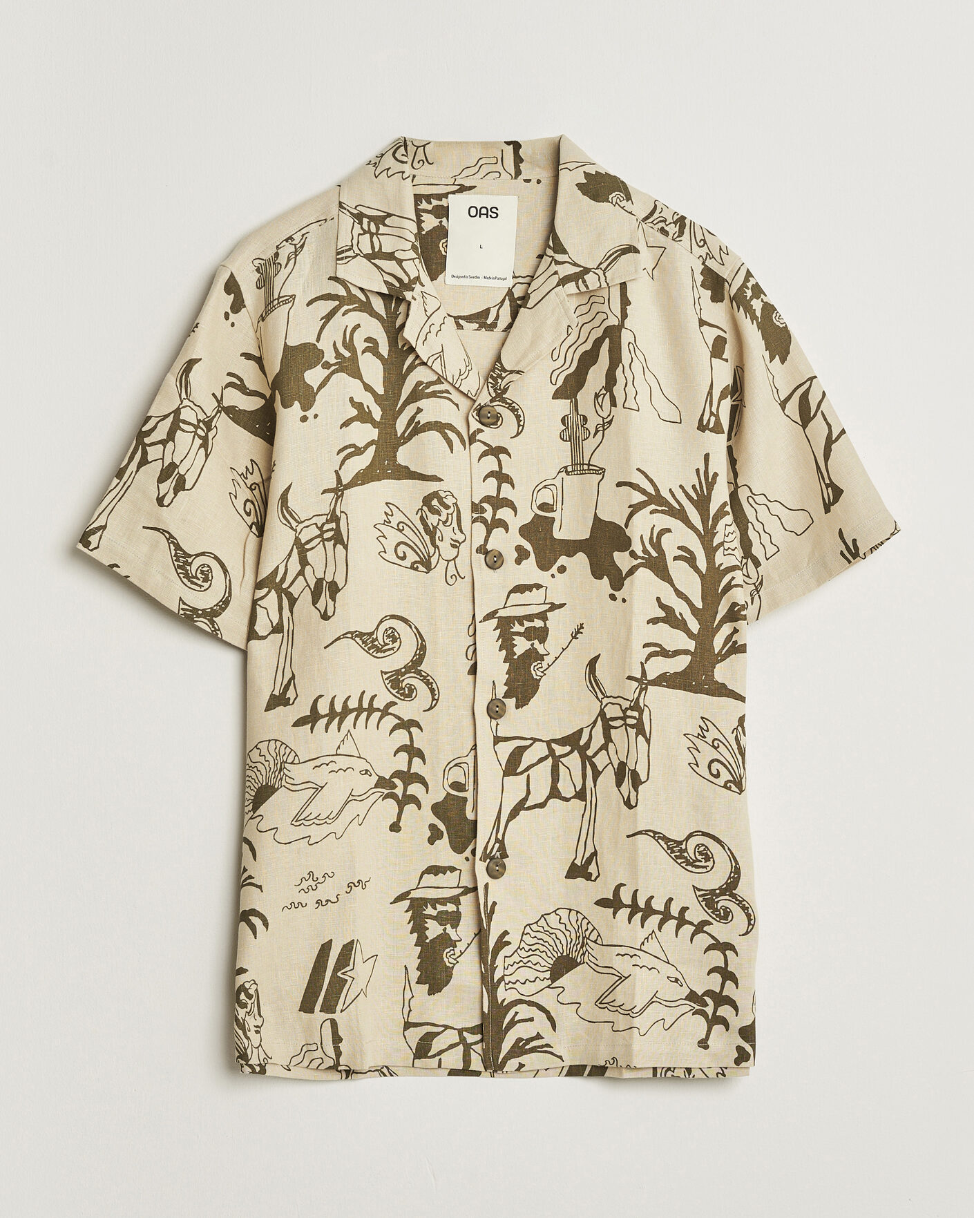 Men | Shirts | OAS | Cuba Short Sleeve Printed Linen Shirt Poplan
