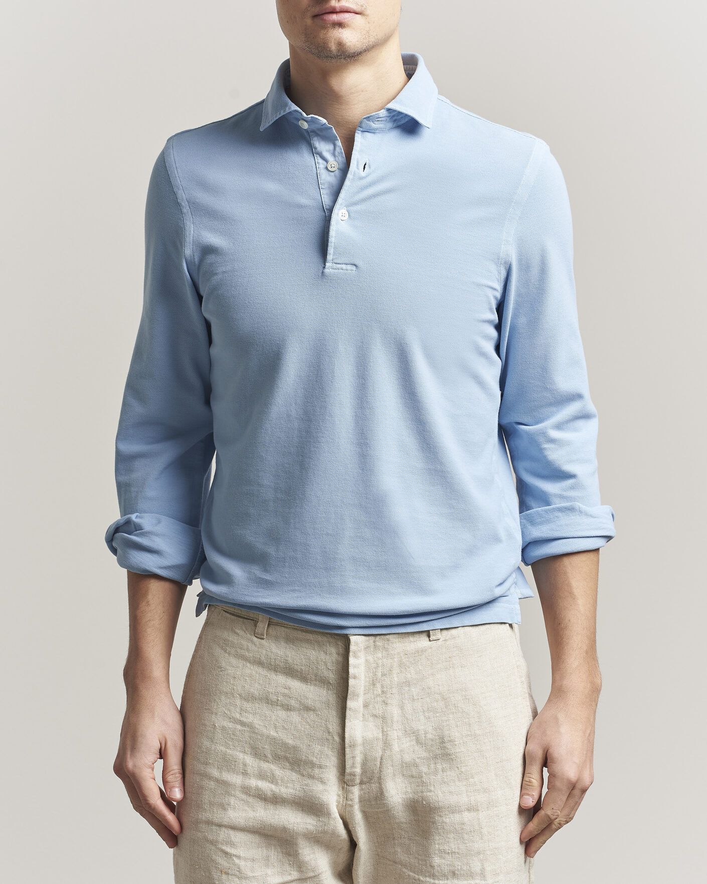 Men | Polo Shirts | Gran Sasso | Washed Long Sleeve Polo Light Blue