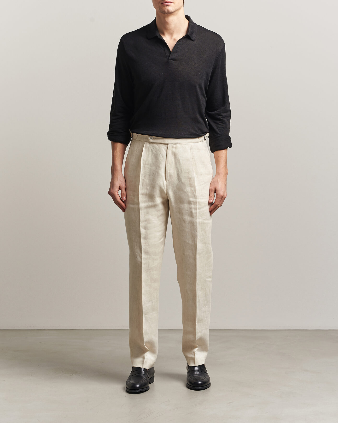 Men | Polo Shirts | Gran Sasso | Washed Linen Long Sleeve Polo Black