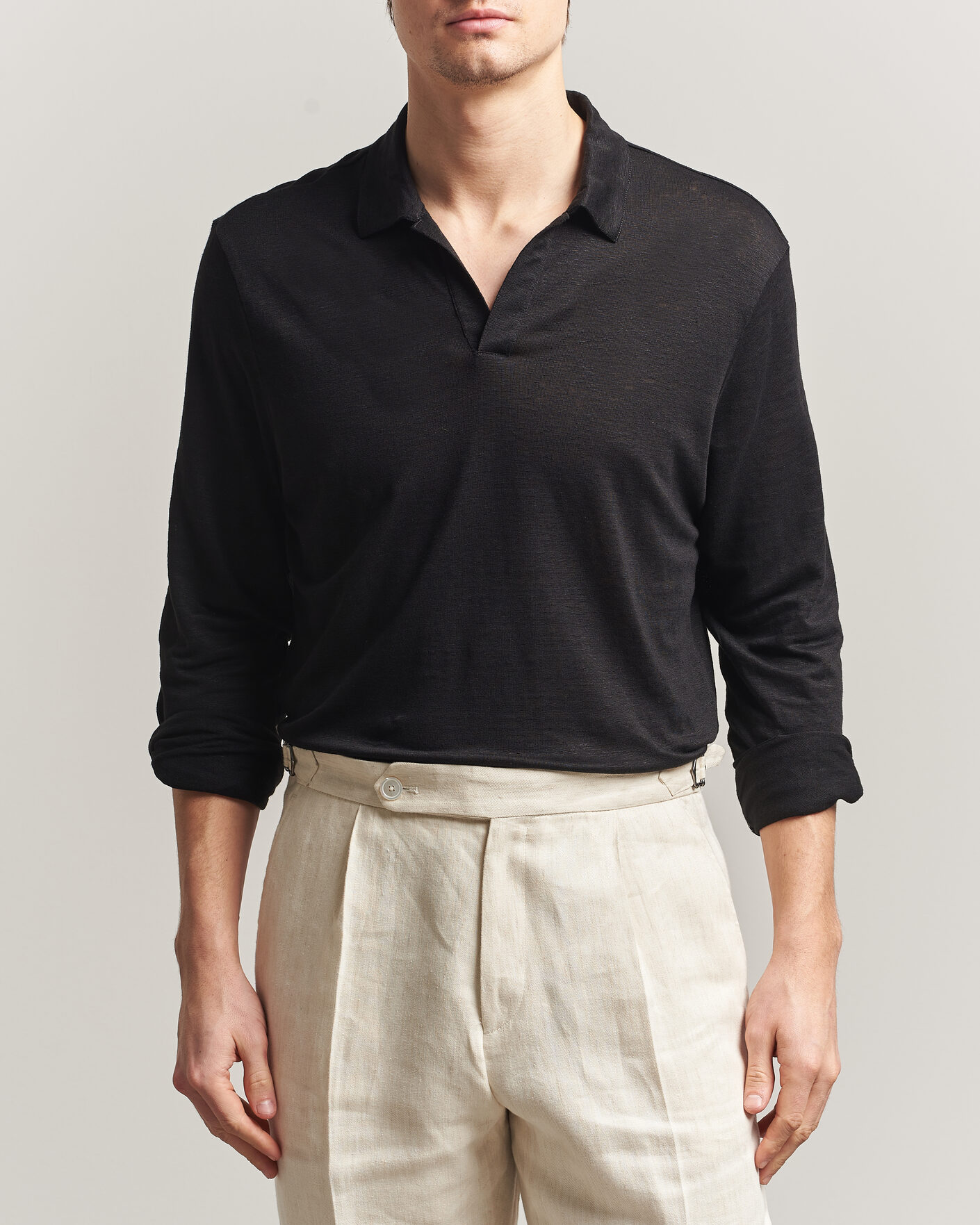 Men | Polo Shirts | Gran Sasso | Washed Linen Long Sleeve Polo Black