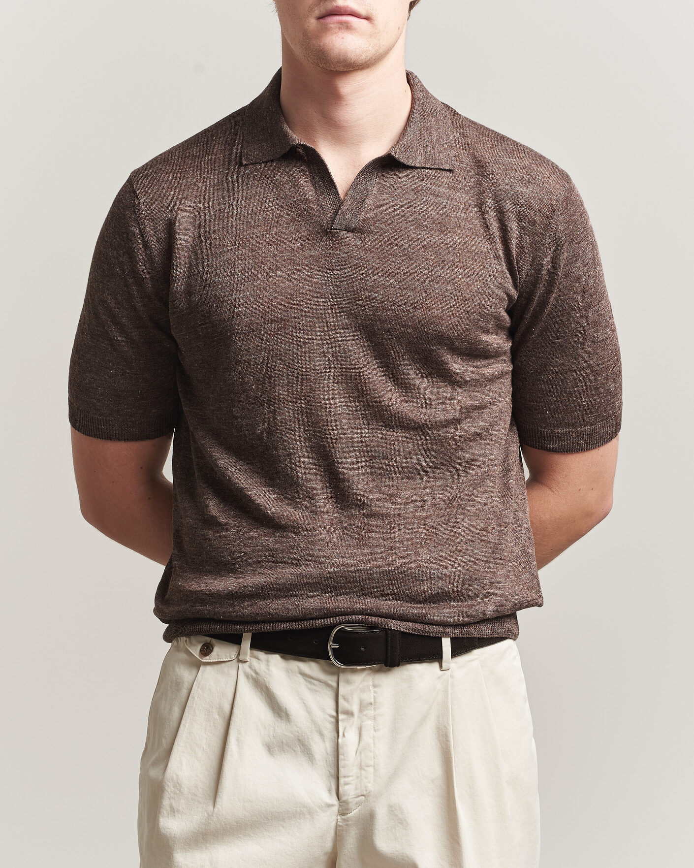 Men | Polo Shirts | Gran Sasso | Washed Knitted Linen Polo Brown Melange