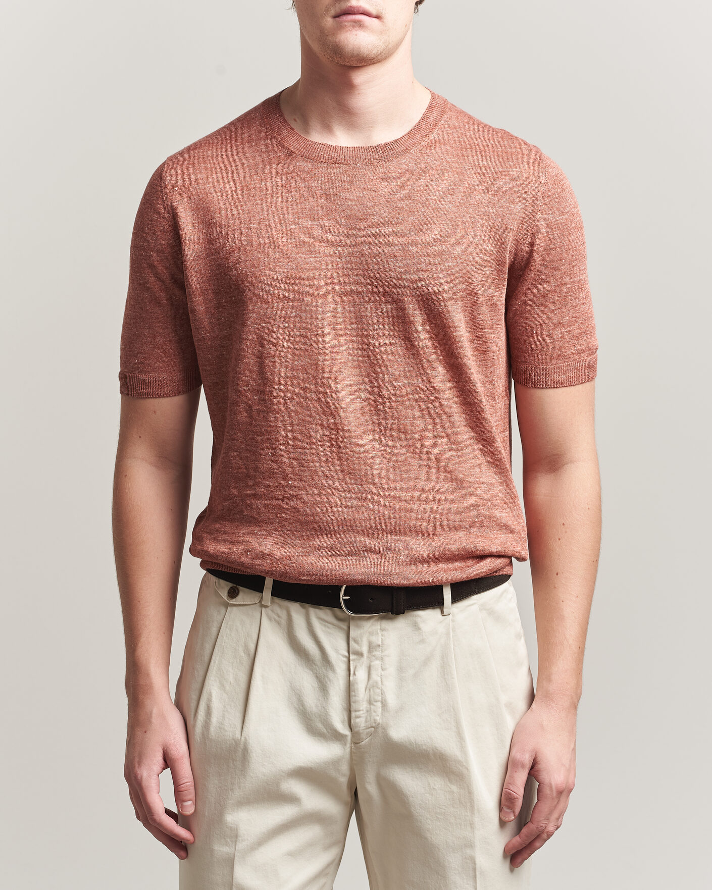 Men | T-Shirts | Gran Sasso | Washed Knitted Linen T-Shirt Apricot Orange Melange