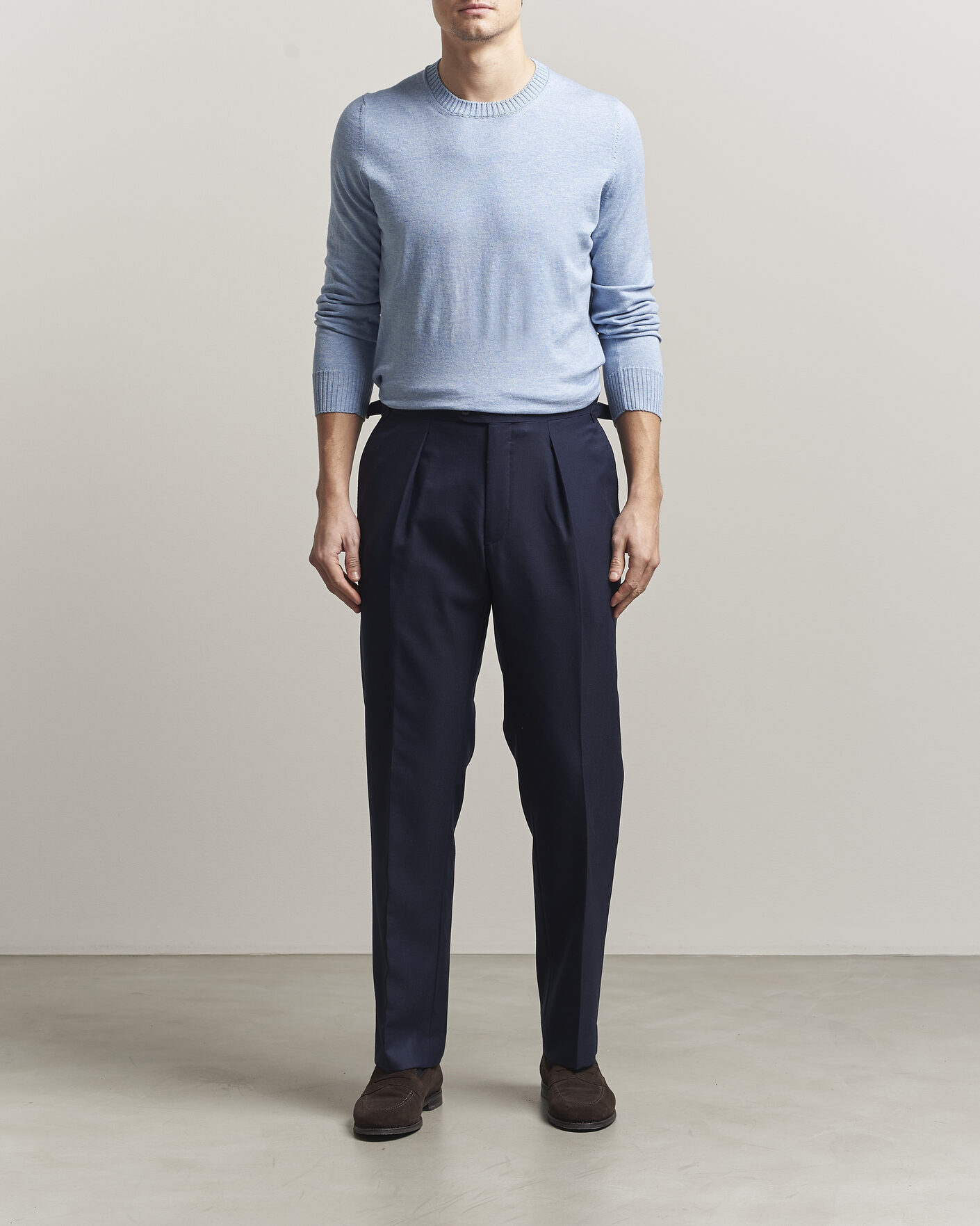 Men | Sweaters & Knitwear | Gran Sasso | Cotton/Cashmere Knitted Crew Neck Sweater Blue Melange