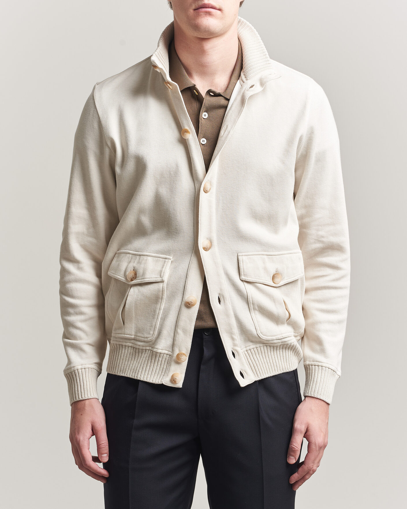 Men | Coats & Jackets | Gran Sasso | Cotton Pocket Knitted Bomber Jacket Cream