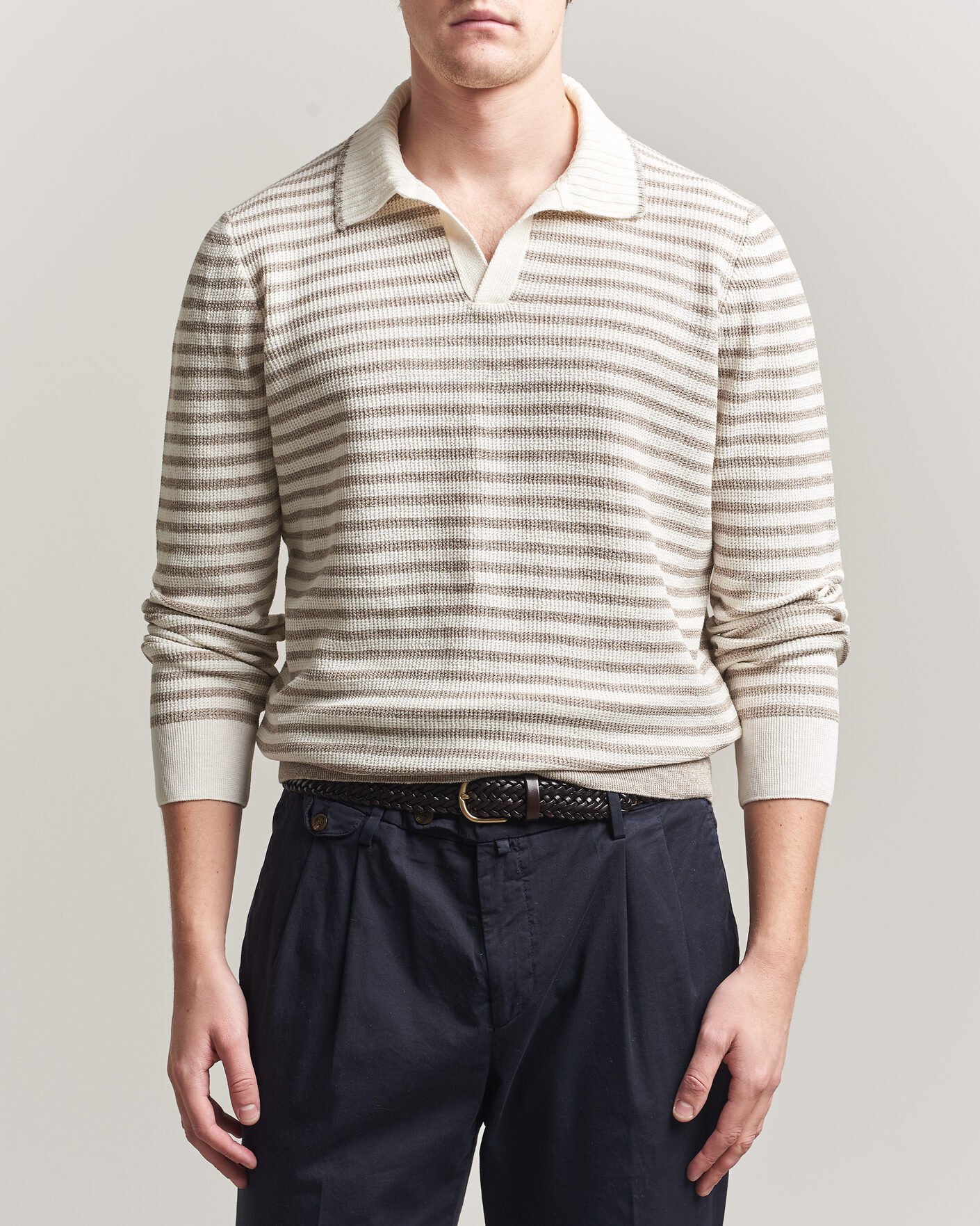 Men | Sweaters & Knitwear | Gran Sasso | Linen/Cotton Knitted Striped Polo Beige/White