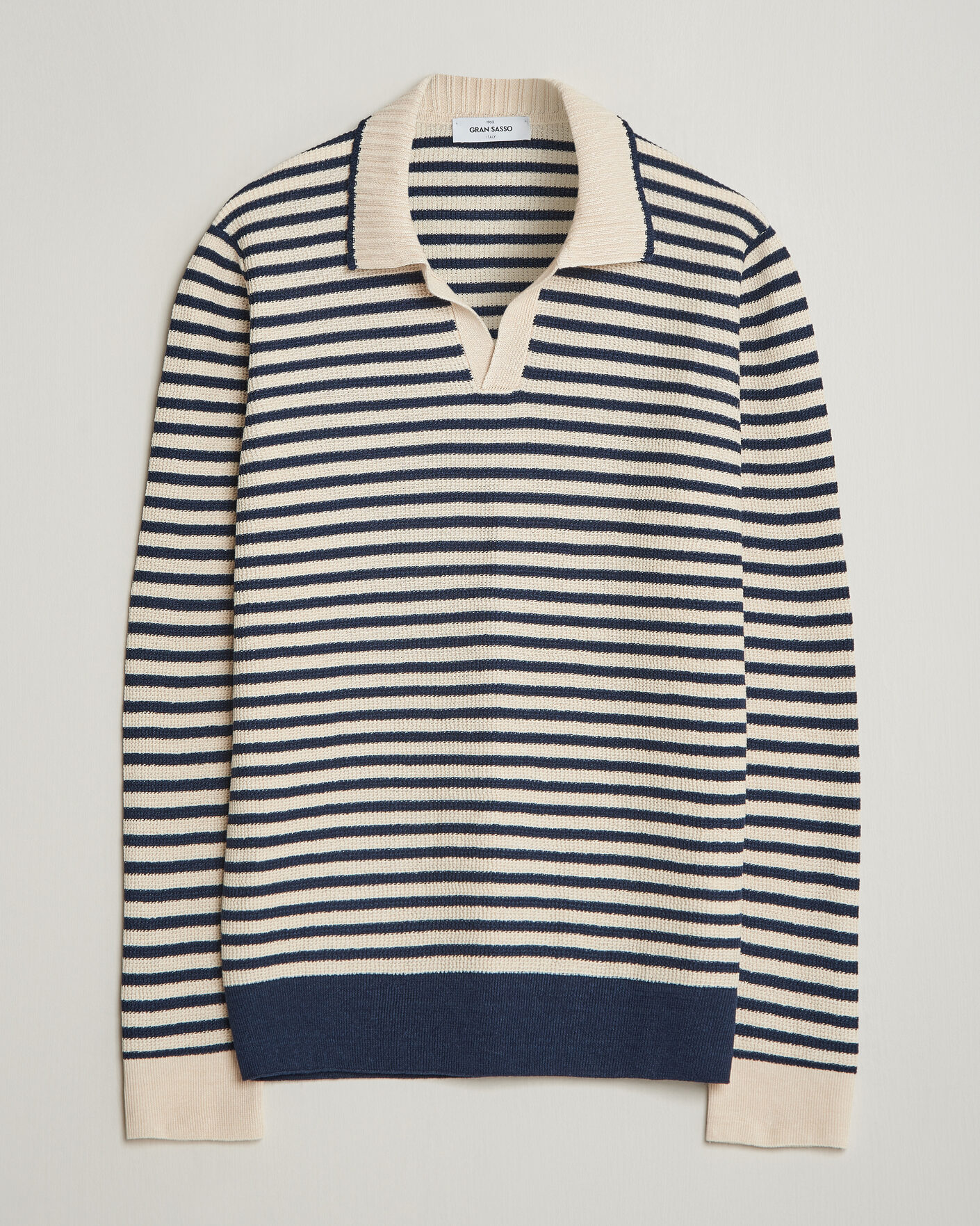 Men | Sweaters & Knitwear | Gran Sasso | Linen/Cotton Knitted Striped Polo Navy/White