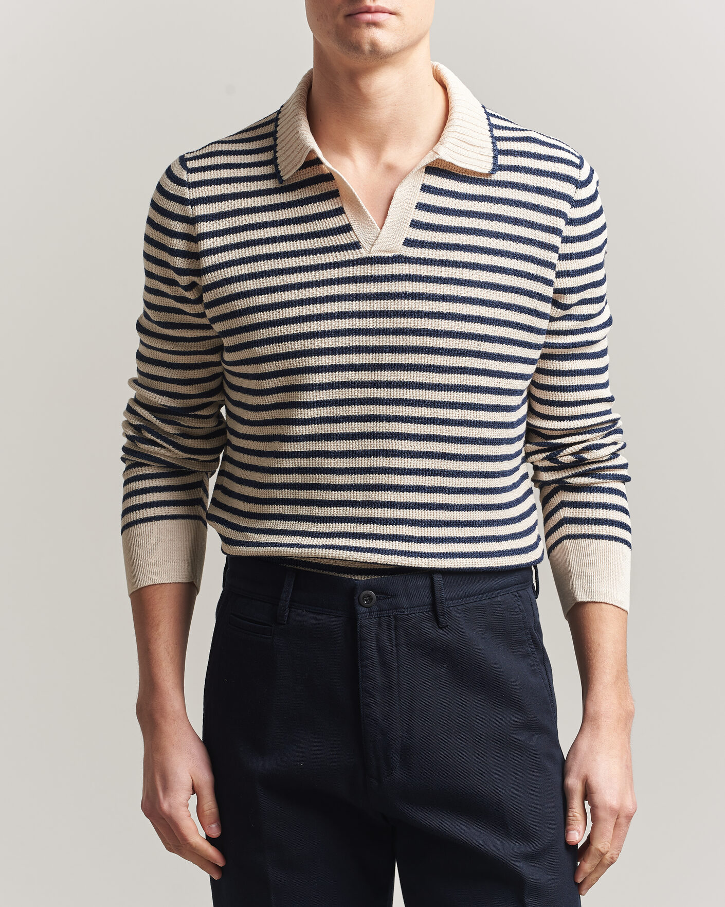 Men | Sweaters & Knitwear | Gran Sasso | Linen/Cotton Knitted Striped Polo Navy/White