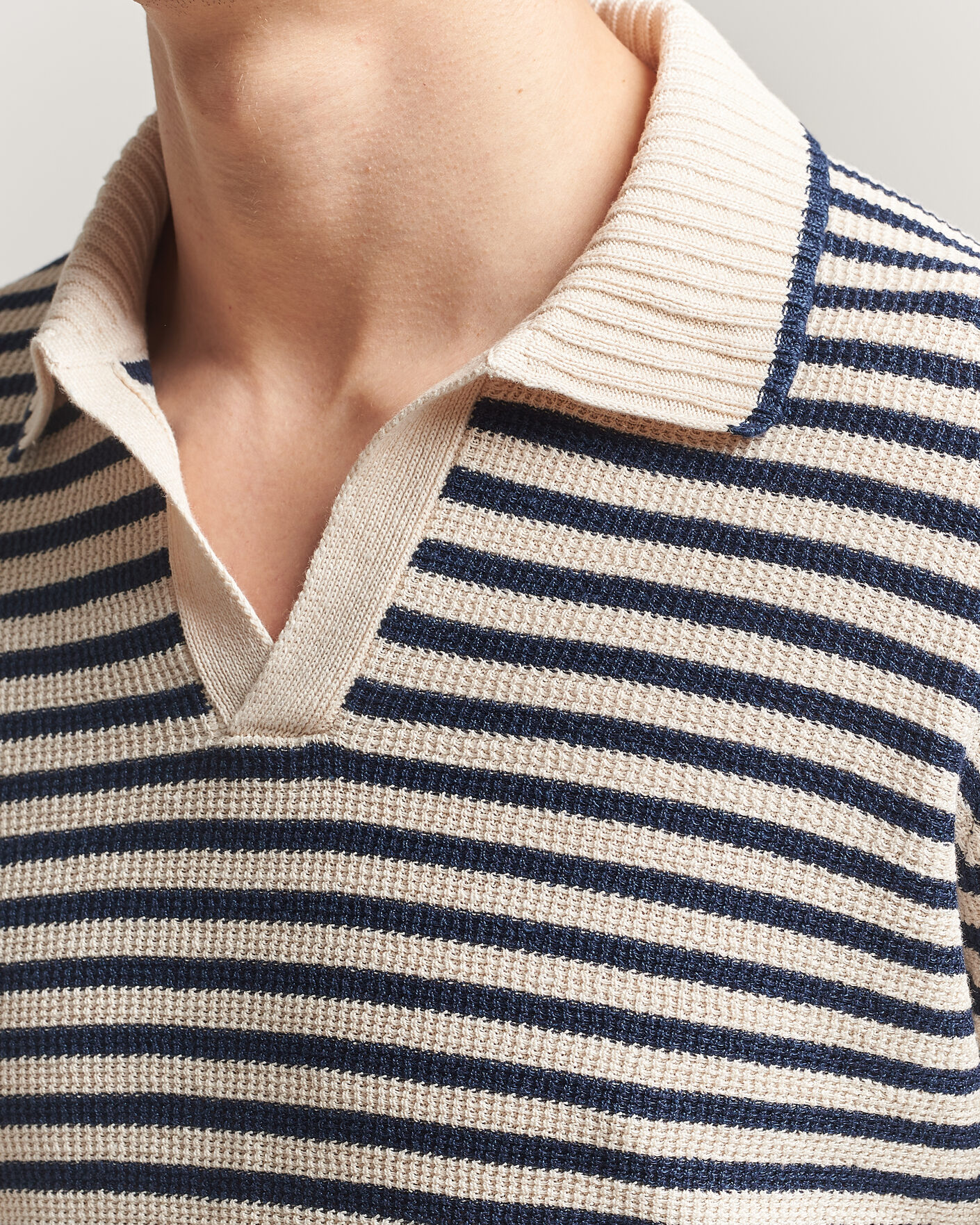 Men | Sweaters & Knitwear | Gran Sasso | Linen/Cotton Knitted Striped Polo Navy/White