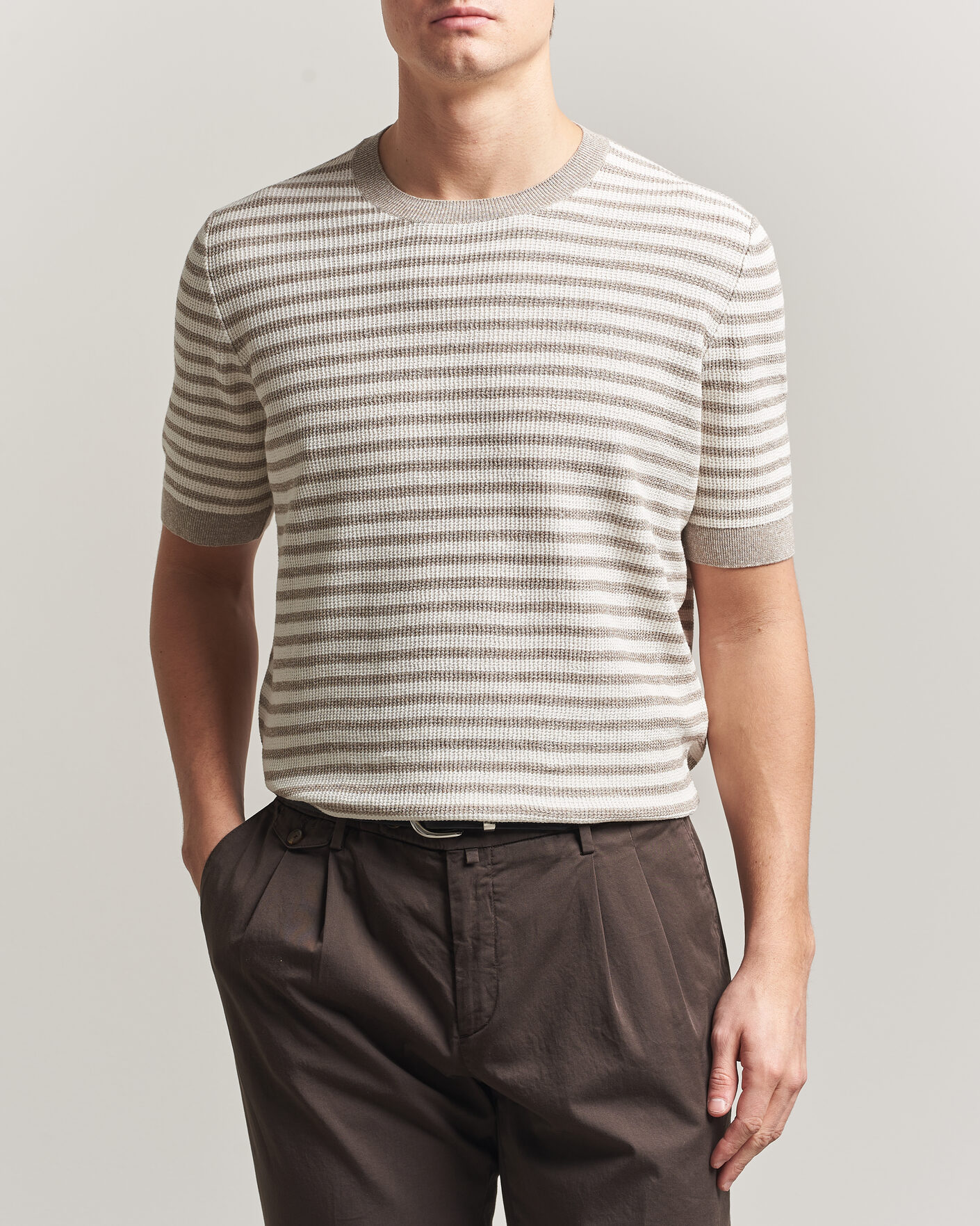 Men | T-Shirts | Gran Sasso | Linen/Cotton Knitted Striped T-Shirt Beige/White