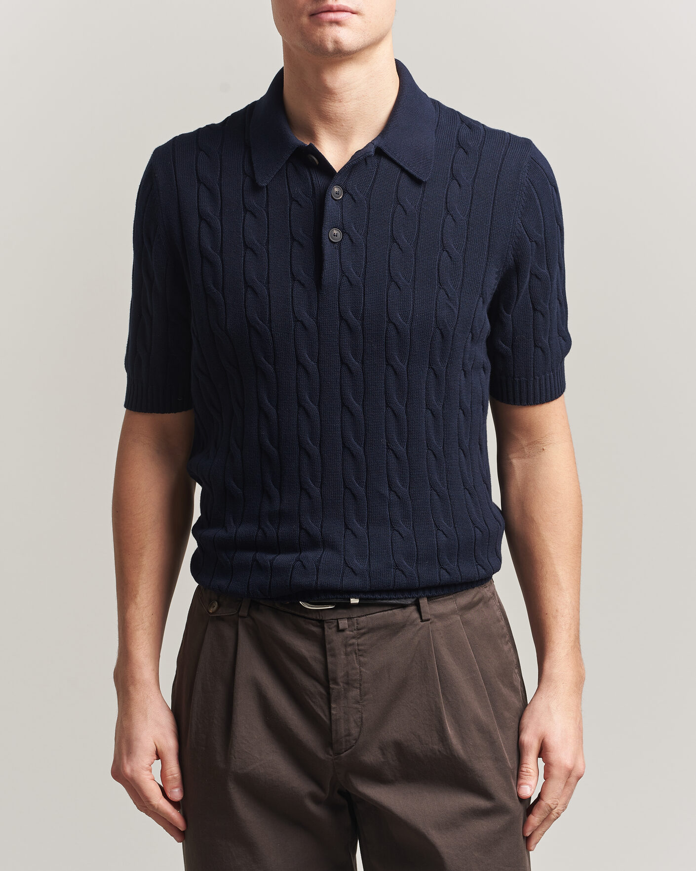 Men | Polo Shirts | Gran Sasso | Cotton Cable Knitted Polo Navy