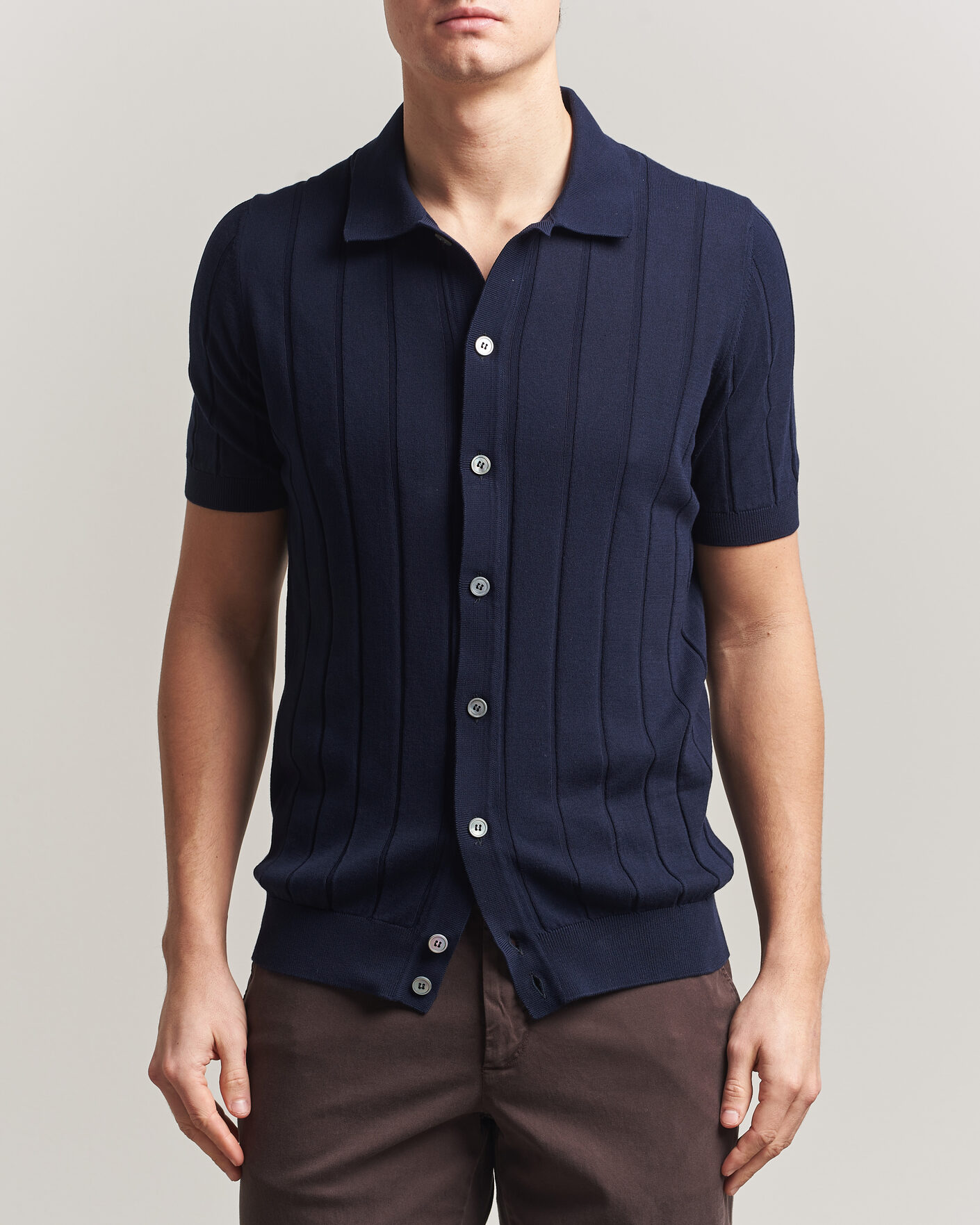 Men | Shirts | Gran Sasso | Cotton Ribbed Knitted Resort Shirt Navy
