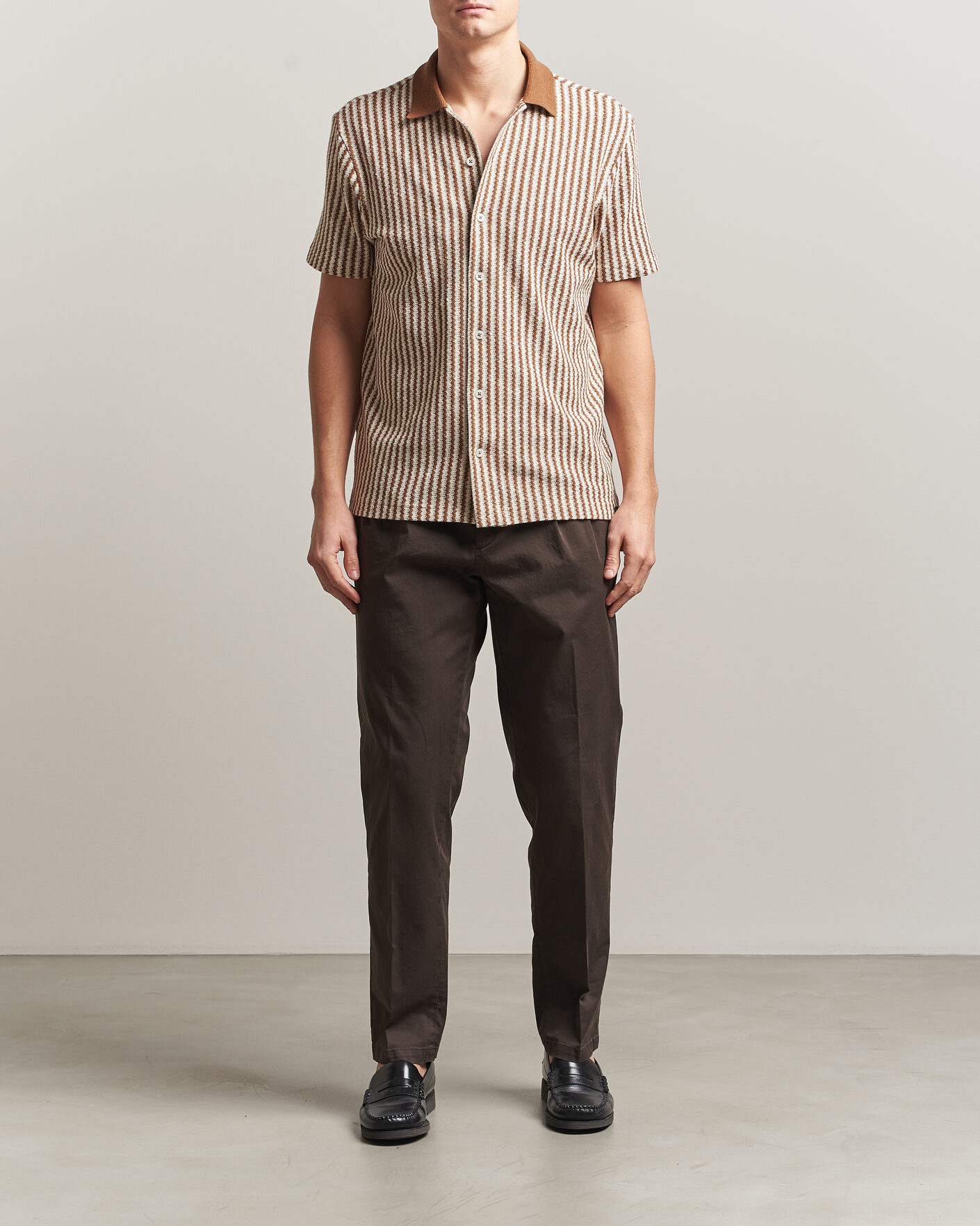 Men | Shirts | Gran Sasso | Cotton Knitted Striped Resort Shirt Brown/White