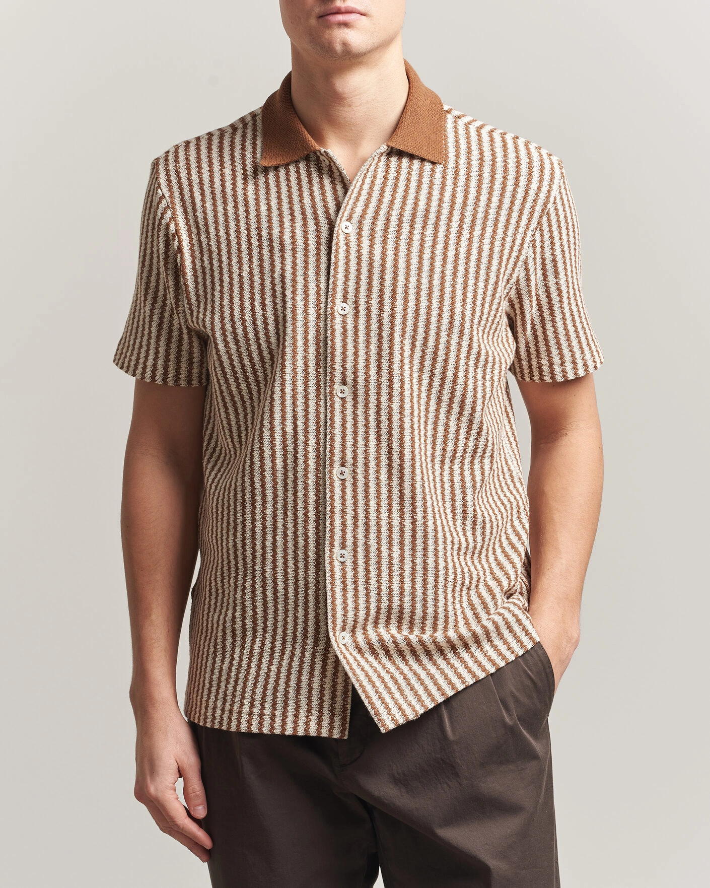 Men | Shirts | Gran Sasso | Cotton Knitted Striped Resort Shirt Brown/White