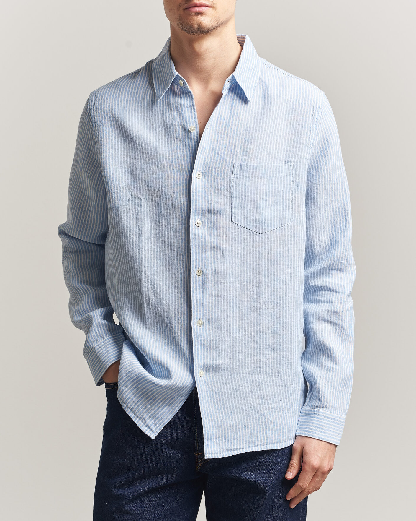 Men | Shirts | A Day's March | Daintree Striped Linen Shirt Light Blue/White
