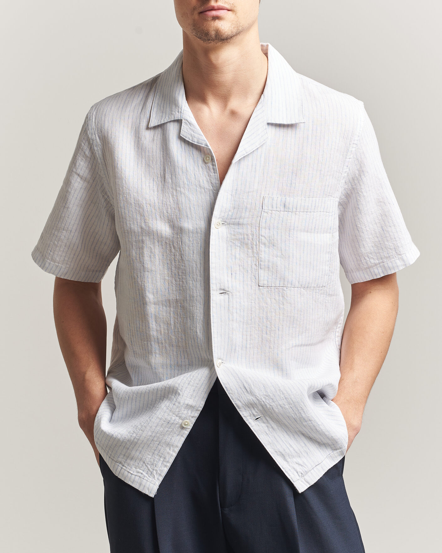 Men | Shirts | A Day's March | Yamu Striped Linen Short Sleeve Shirt White