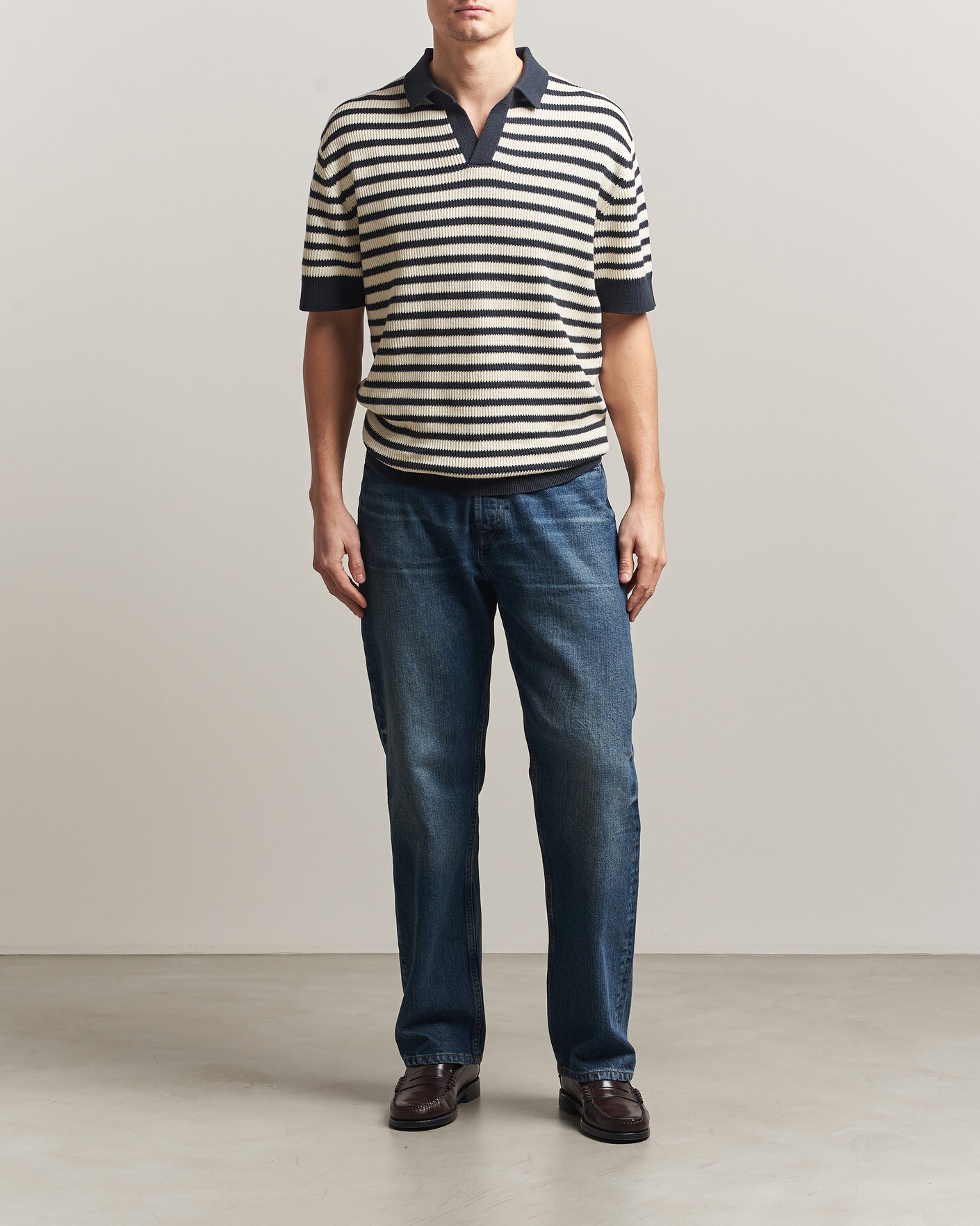 Men | Polo Shirts | A Day's March | Jeremy Striped Knitted Polo Off White/Navy