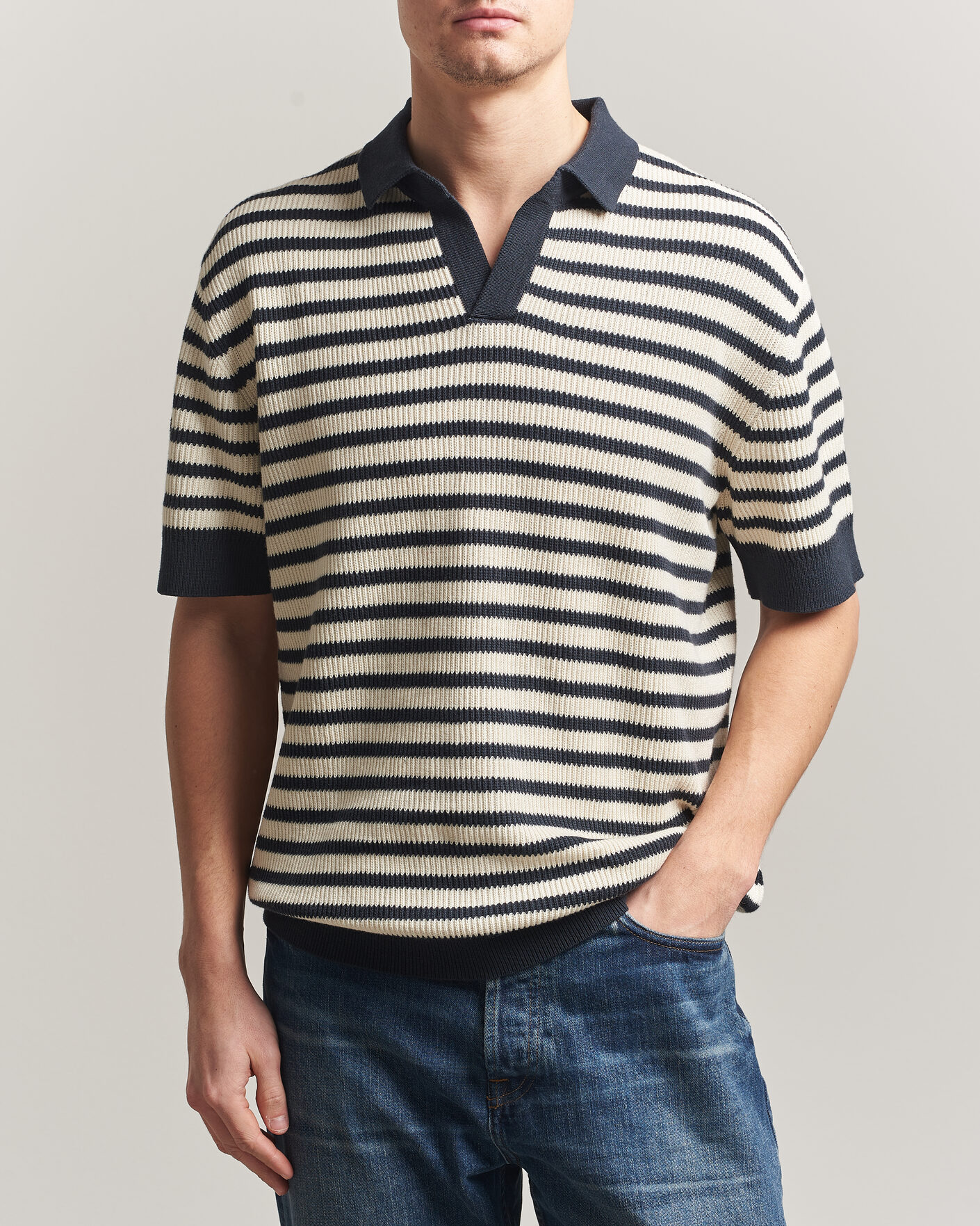 Men | Polo Shirts | A Day's March | Jeremy Striped Knitted Polo Off White/Navy
