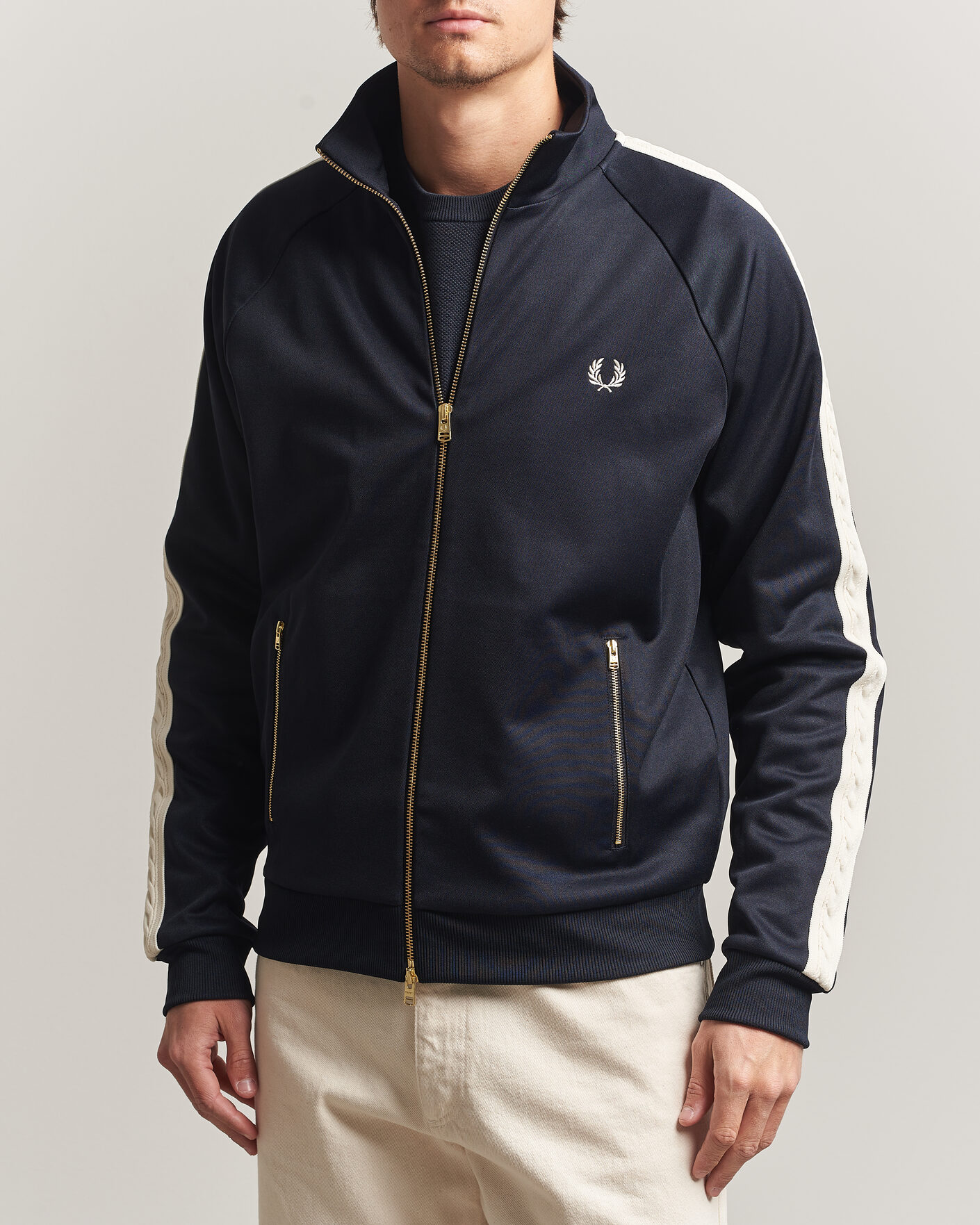 Men | Sweaters & Knitwear | Fred Perry | Cable Taped Track Jacket Navy