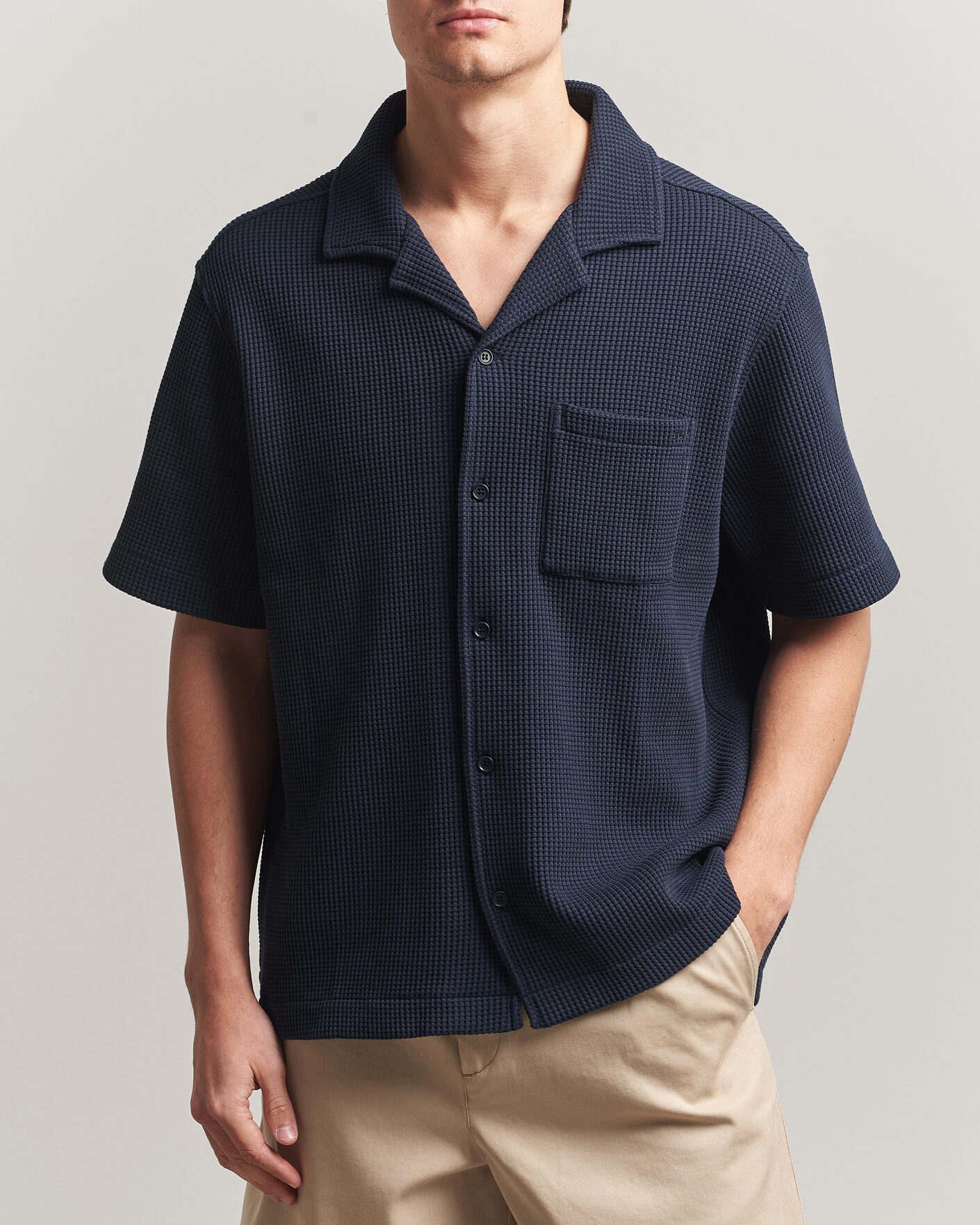 J.Lindeberg Theron Waffle Resort Shirt Navy at CareOfCarl.com