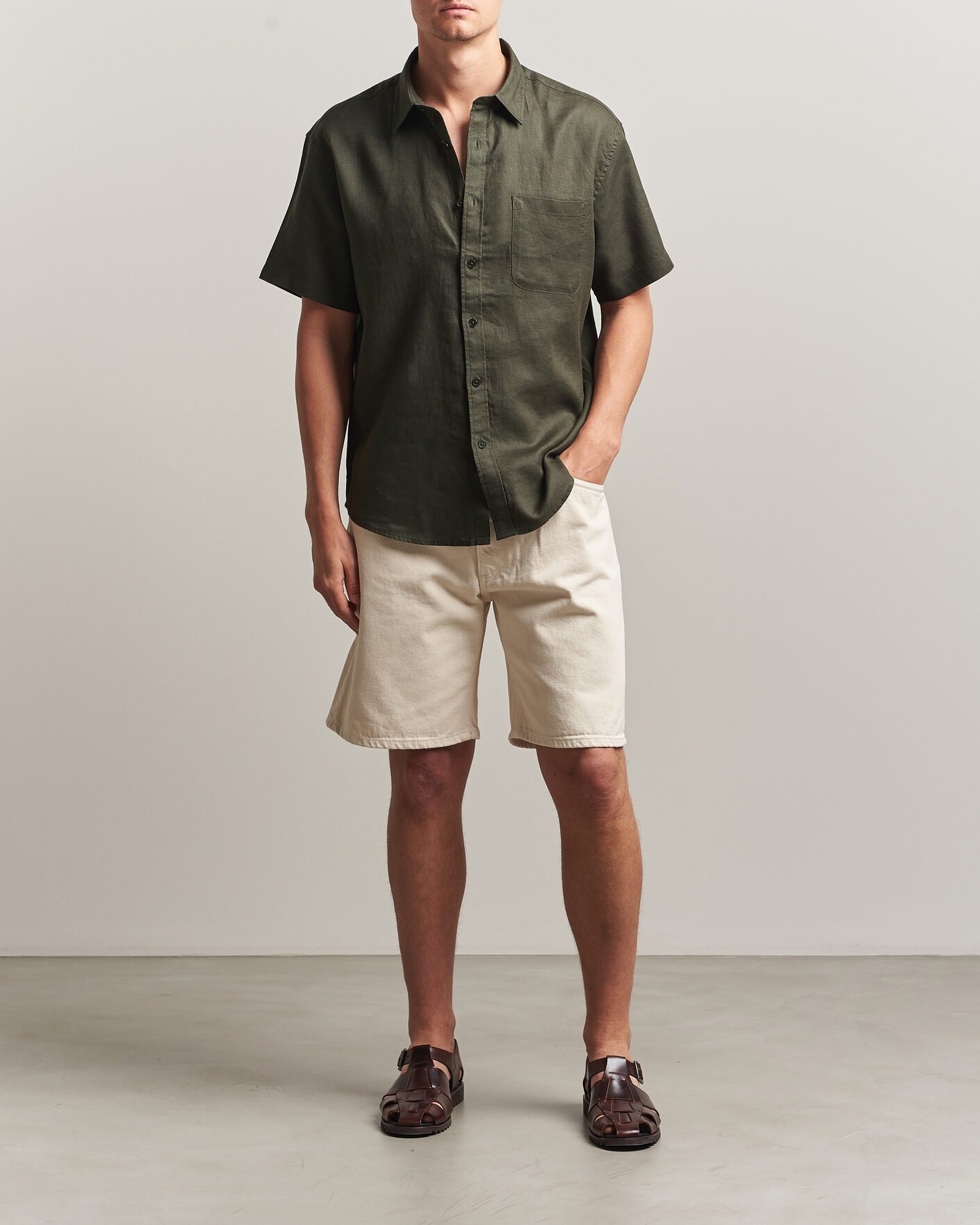 Men | Shirts | NN07 | Deon Linen Short Sleeve Shirt Dark Army