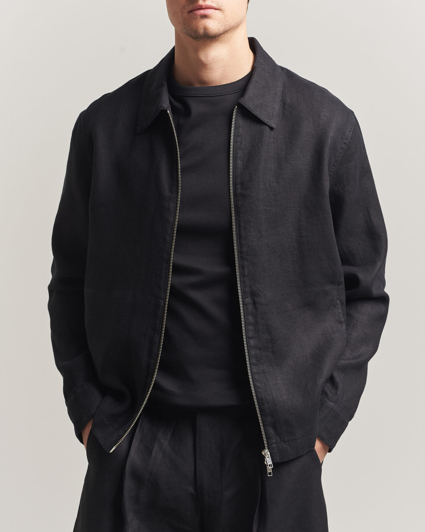 Men | Shirts | NN07 | Alban Linen Full Zip Overshirt Black