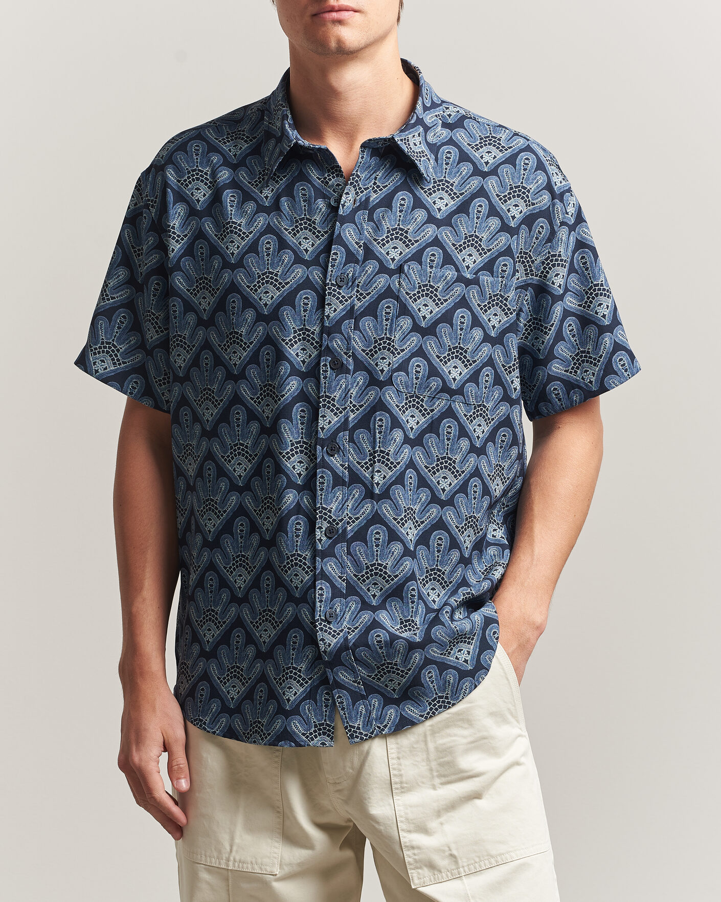 Men | Shirts | NN07 | Deon Printed Short Sleeve Shirt Navy Blue