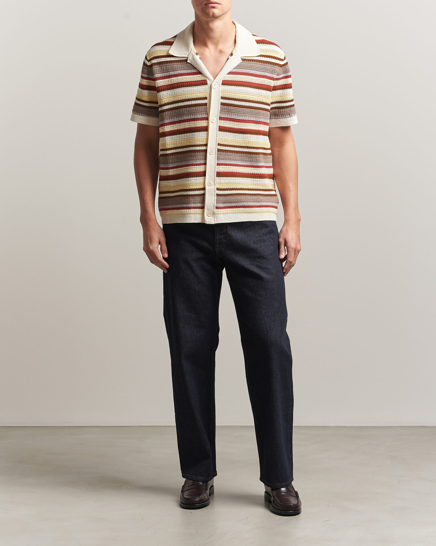 Men | Shirts | NN07 | Lars Striped Knitted Short Sleeve Shirt Ivory Multi